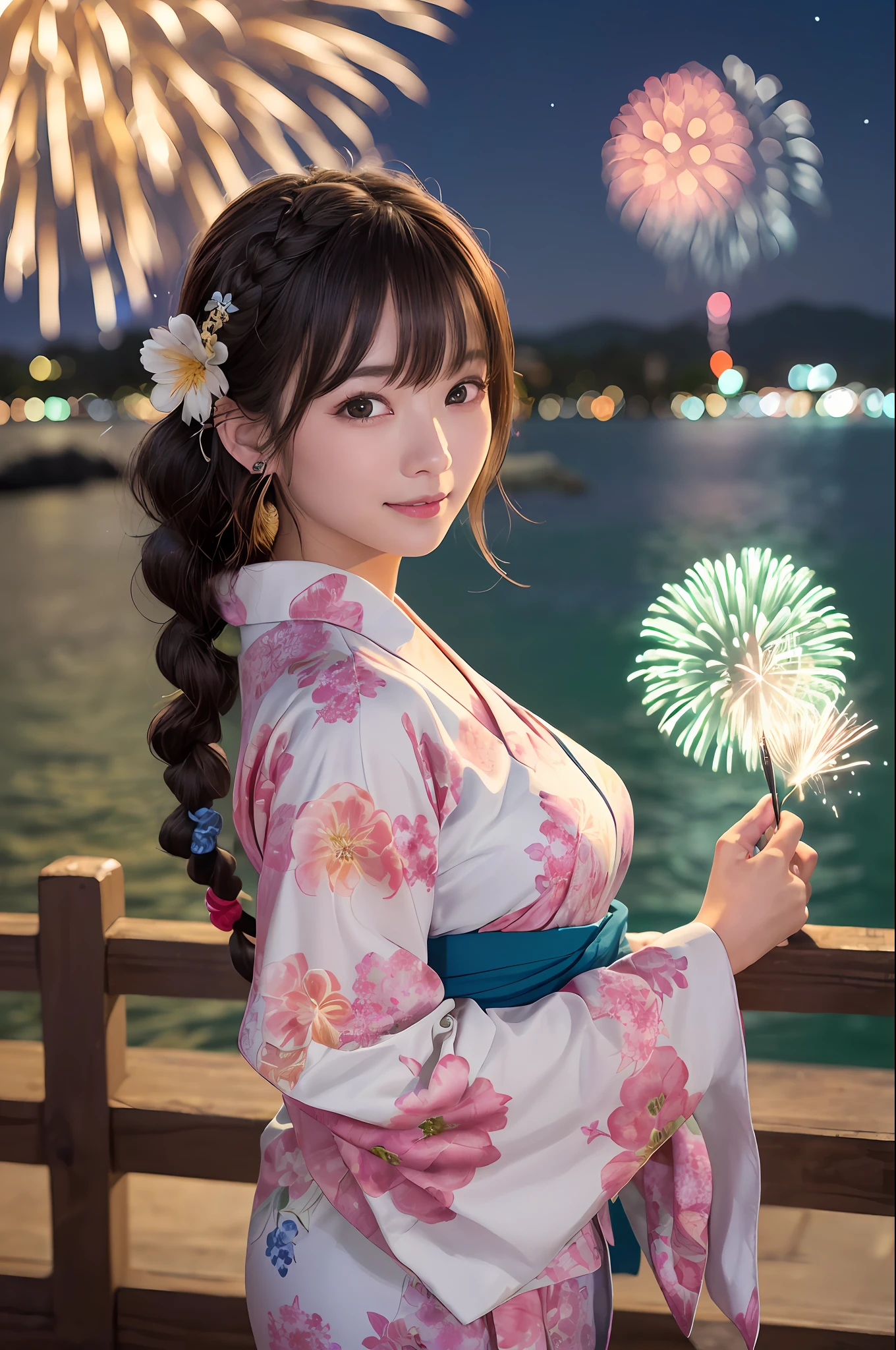 top-quality、facefocus、softlight、(depth of fields)、超A high resolution、(Photorealsitic:1.4)、Raw photography、(portlate:1.4)、(Photo from the angle 1.3）、1 Japan Girl、(Floral multicolor yukata)、A slight smil、brown haired、（(Tied curly hair)）、（(Braids above the head）、Diverse hair ornaments、Colossal tits、Bangs 1.5、hairs between eyes、(red blush:0.5)、Upper body photo、Look at viewers、(Film composition:1.2),（(mid night、sea side、Lots of fireworks in the night sky)）.Fireworks Festival