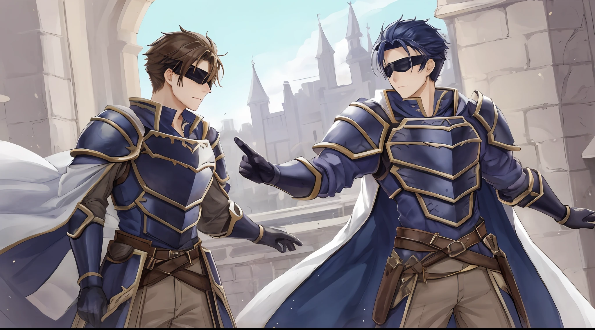 Hector Fey, 独奏, looking at viewert, Cladding,Blindfolds(Blindfolded), mitts, 1boys, Male focus, cloaks, Armour, Shoulder armor, Castle view
