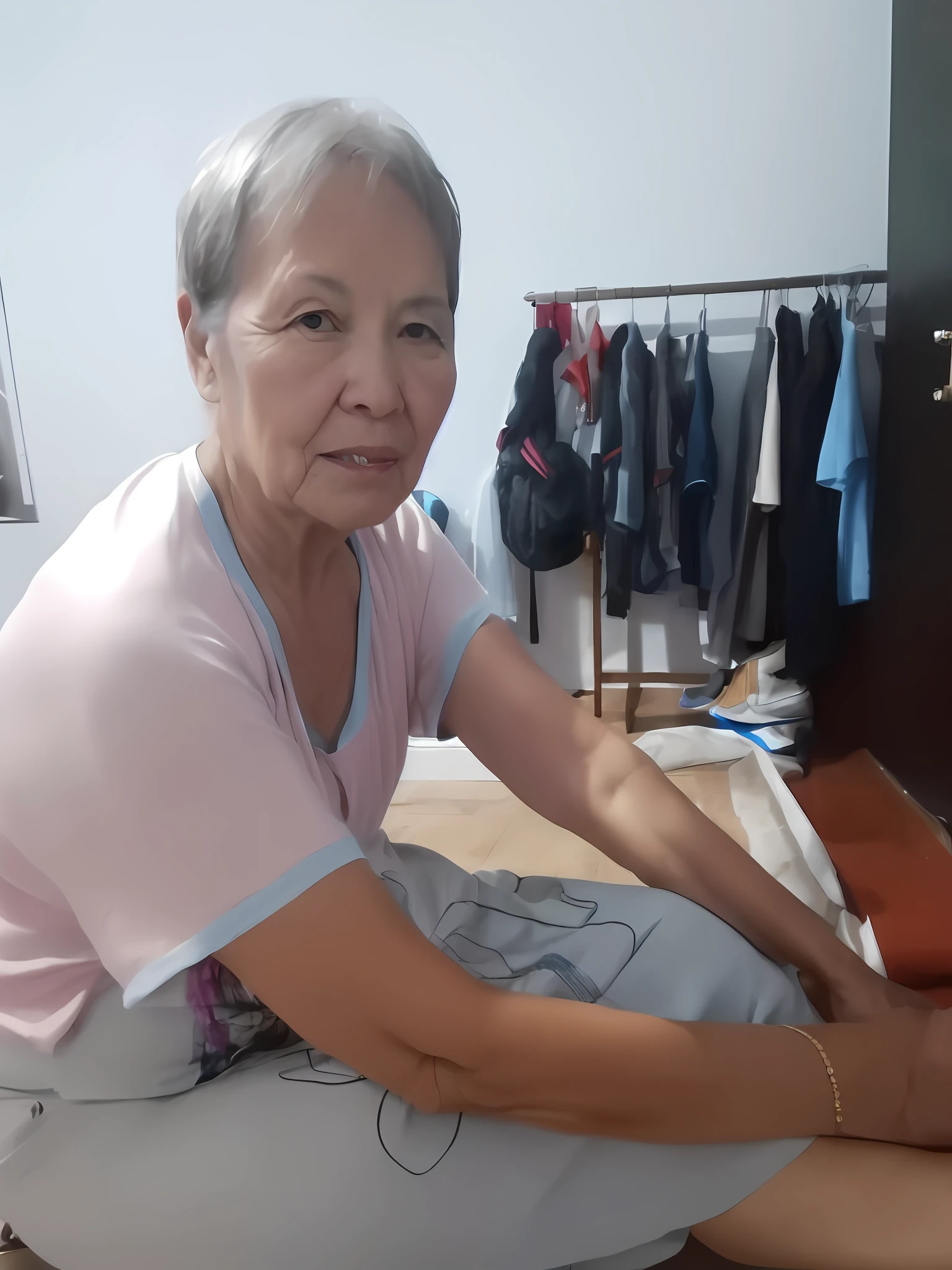 There was a woman sitting on the floor，Holding a pair of shoes, she is about 7 0 years old, she is about 6 0 years old, 3 0 years woman, she is about 50 years old, Older woman, dang my linh, 30 year-old woman, 3 0 years old woman, 70 years old, 7 0 years old