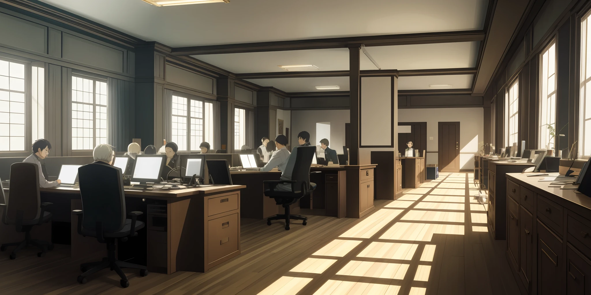 Inside an old government office, nine members are progressing on the path to digitalization. The style is in the vein of Studio Ghibli, with detailed characters and backgrounds, and rich colors. The lighting radiates from the center of the room, highlighting the activities of the members. The colors balance warm and cool tones, representing the history of the old office and the new digitalization efforts. The composition radiates from the center, capturing the overall image of the room and the activities of each member.