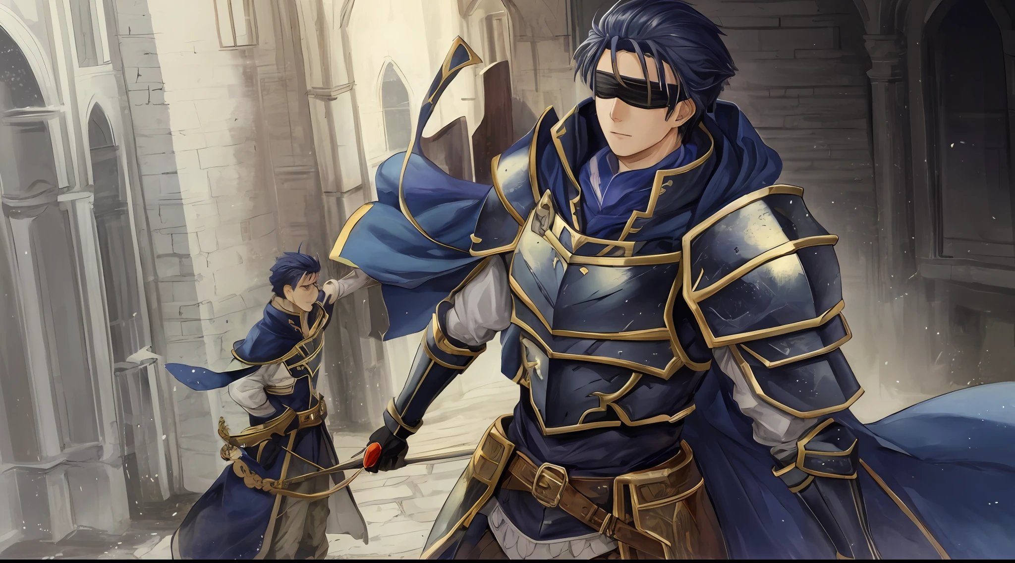 Hector Fey， 独奏， looking at viewert， Cladding，Blindfolds（Blindfolded）， mitts， 1boys， Male focus， cloaks， Armour， Shoulder armor， Castle view