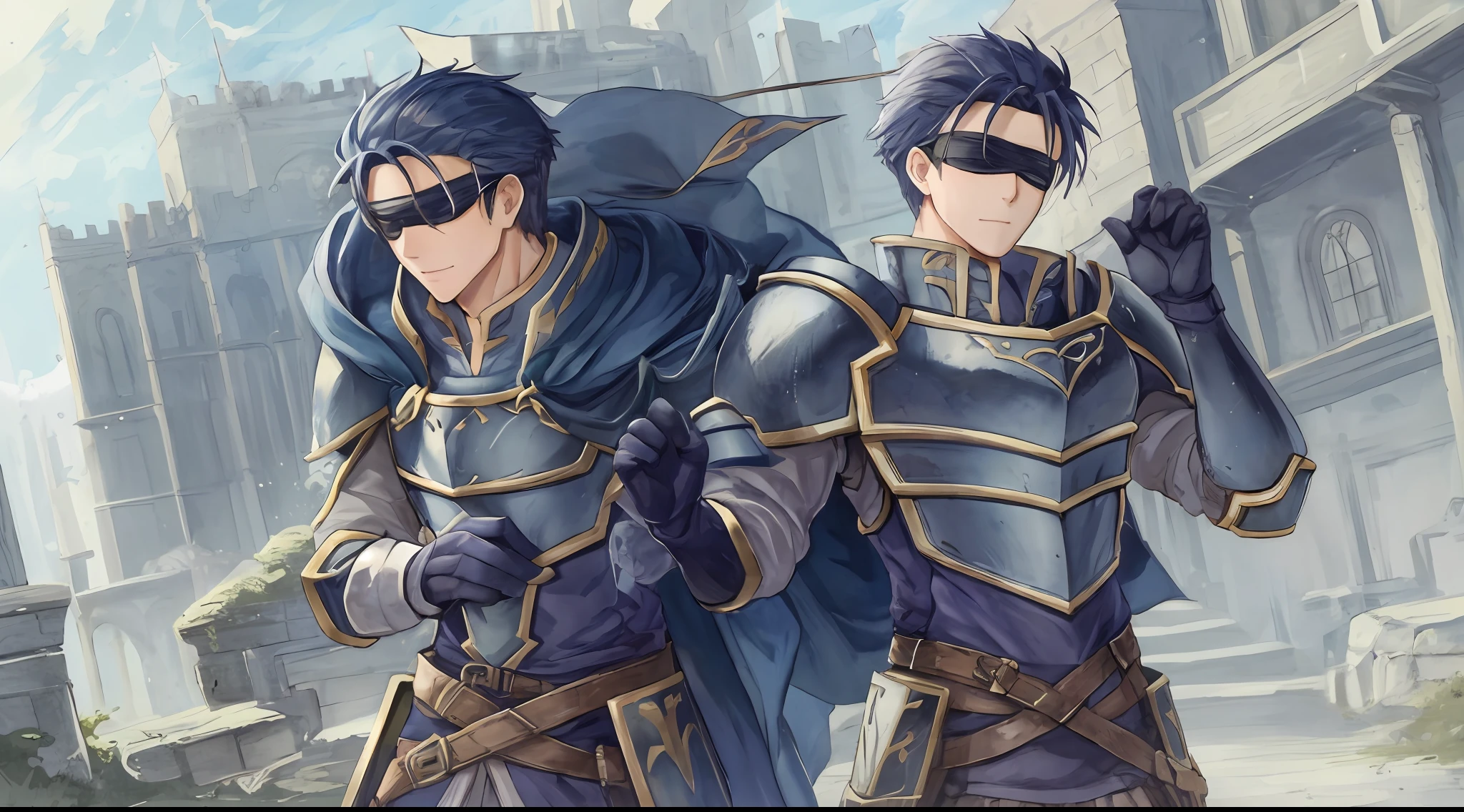 Hector Fey, 独奏, looking at viewert, Cladding,Blindfolds(Blindfolded), mitts, 1boys, Male focus, cloaks, Armour, Shoulder armor, Castle view