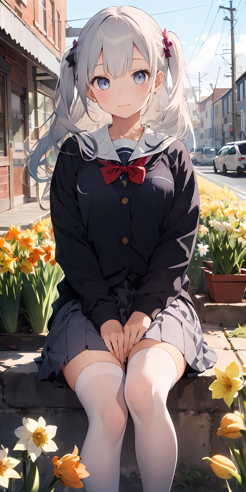 1girl, beautiful detailed eyes, long white hair, light grey eyes, school uniform, high white stocking, lustrous skin, flower, daffodil, hyacinth, falling petals, , high contrast, ((masterpiece, best quality))