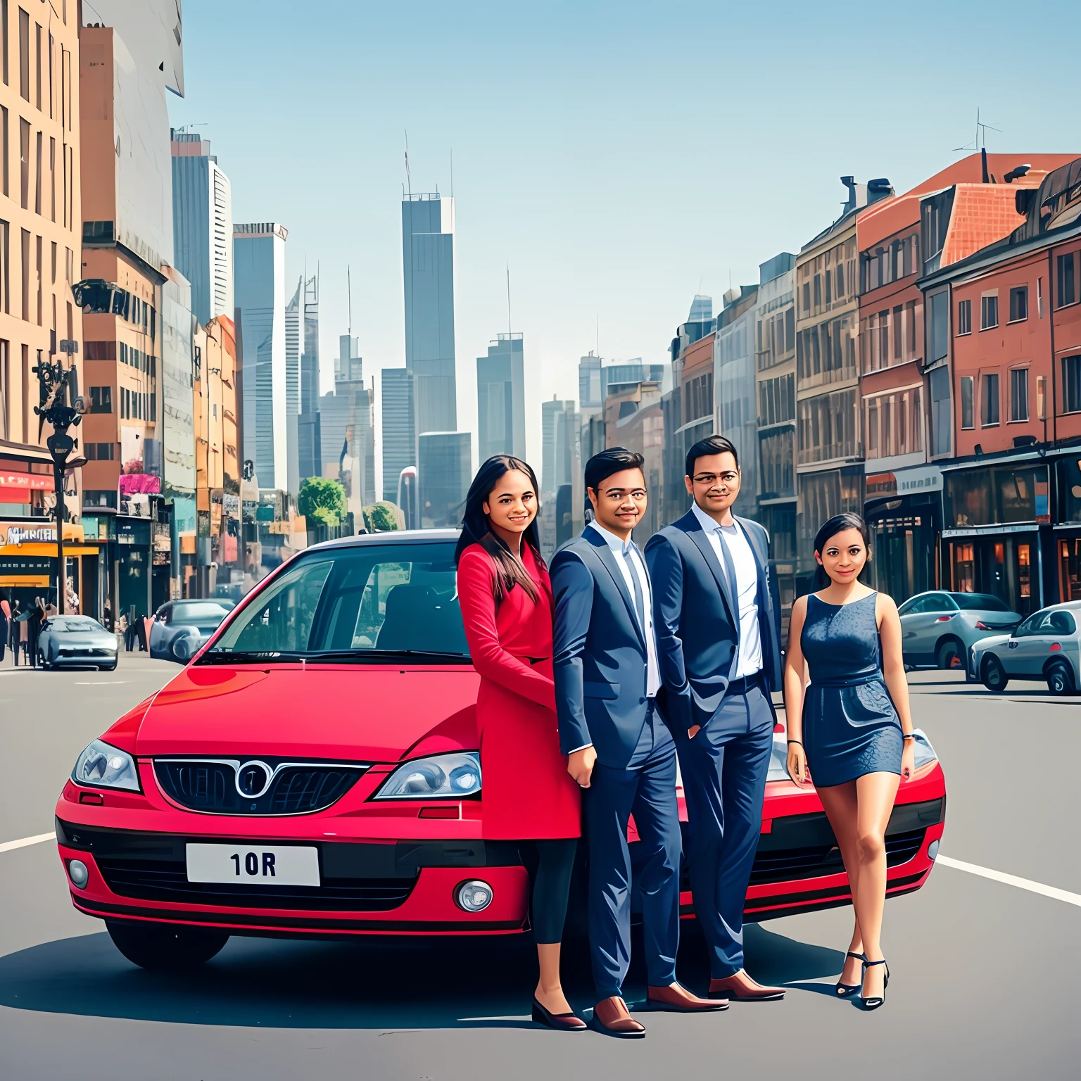 3 passengers，Standing happily on the side of a car，The background is the city --auto