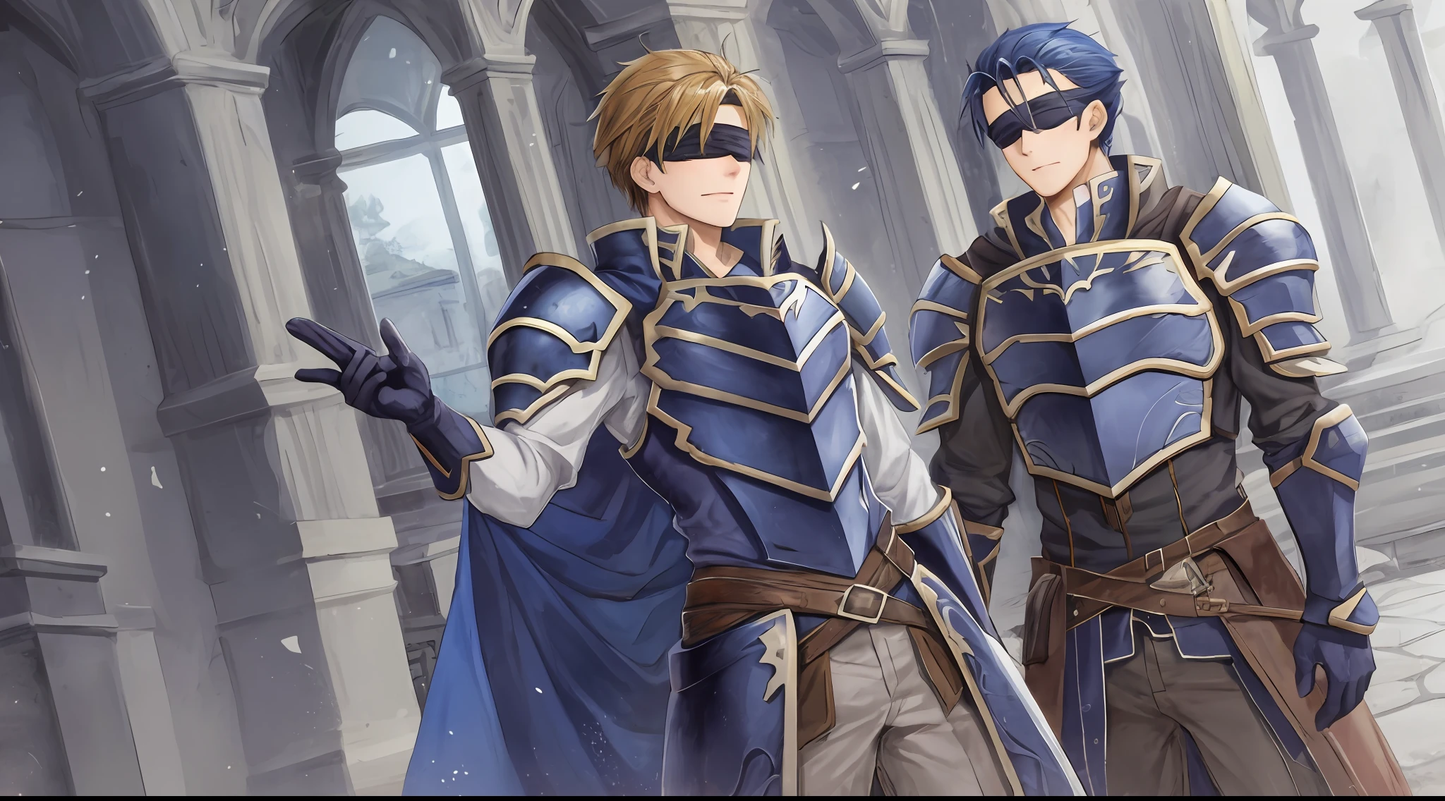 Hector Fey, 独奏, looking at viewert, Cladding,Blindfolds(Blindfolded), mitts, 1boys, Male focus, cloaks, Armour, Shoulder armor, Castle view