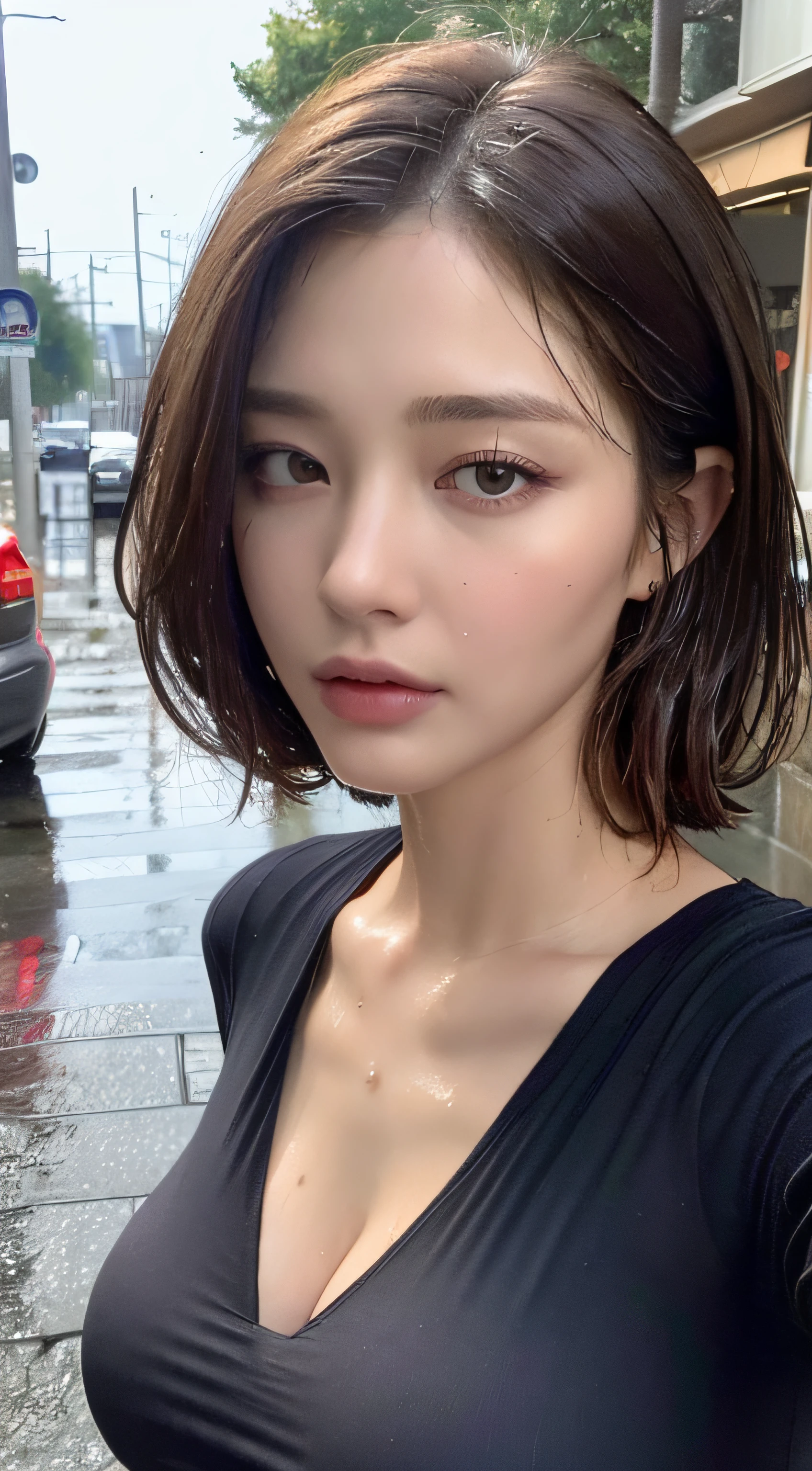 (Best quality, 4k, Masterpiece :1.3), pretty woman, 1girl, (big breasts, attractive body :1.2), abs :1.1, dark brown hair: 1.1, (braless:1.3), thin shirt, (rainy wet, wet from rain, wet body :1.2), ultra-detailed face, detailed lips, detailed eyes, double eyelid, detailed street background, see-through shirt