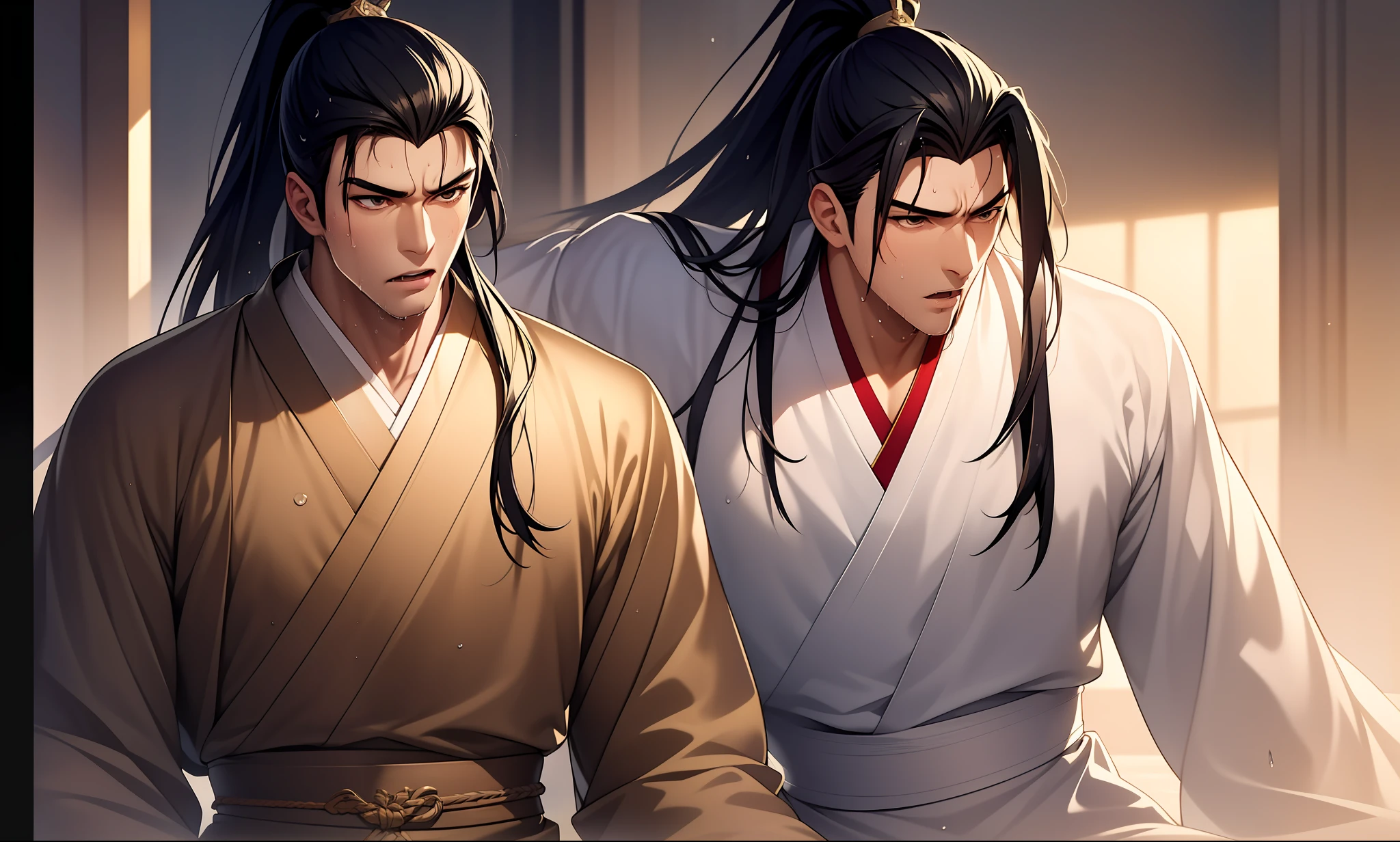 Two-dimensional, anime style, man (male warrior), muscle, correct proportions, face details, martial arts, high ponytail hairstyle, sweating, sweaty face, drooling, neck details, with Adam's apple, wet, wet, Hanfu costume, long robe, embroidered robe, dragon robe, clothing details, collar, long sleeves, game quality, swordsman demeanor, light and shadow tracing, ray tracing, detail glow, CG rendering, hair details, long black hair, golden eyes, sweaty face, handsome, handsome, sweat beads slipping down the neck, (juvenile feeling), complex clothing, wet, wet, perfect composition, refinement, high quality, more details, a lot of details, complex background, atmosphere,