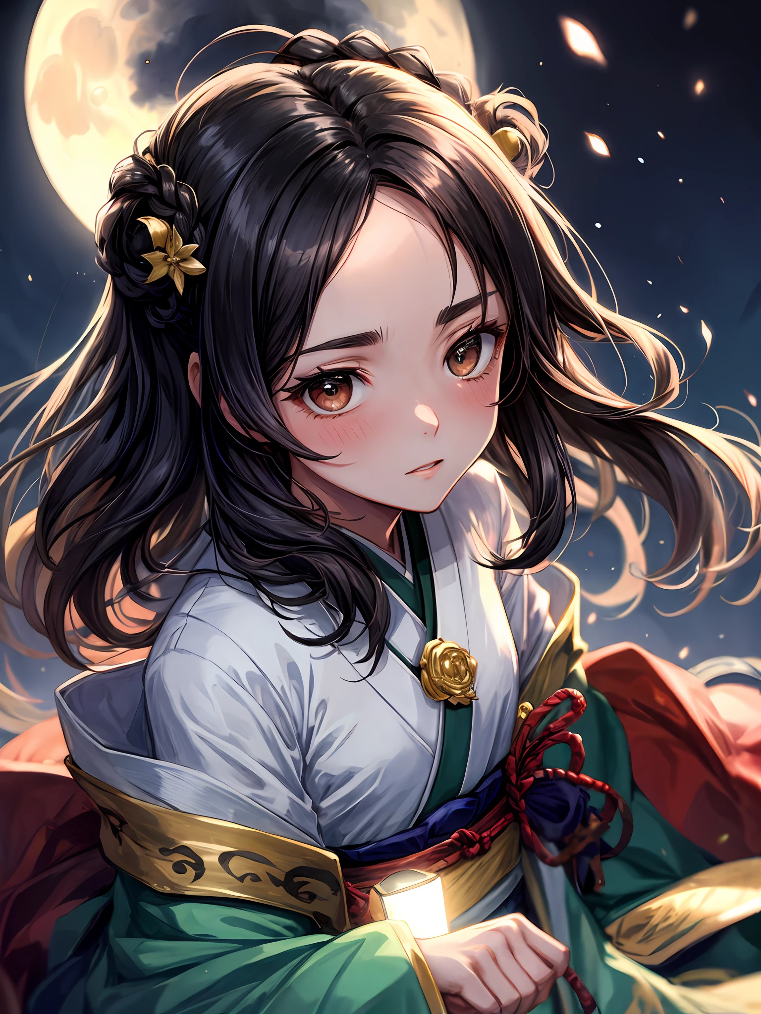 (​masterpiece:1.2),(photographrealistic),8K,best qualtiy,high-detail,Solo,Beautiful detailed girl,adult woman,japanaese girl,((Pulled back hair)),braid,Forehead,(side locks),(Medium Hair),Brown eyes,(Very small breasts:1.2),(muscular:1.2),(Portrait),Blushing,looking at the viewers,Thick eyebrows,long eyeslashes, Night, Moonlight,light Particle