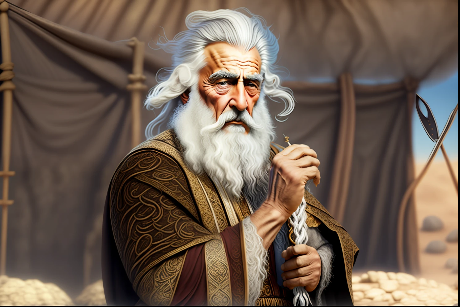 Prophet man with white beard and white hair standing in front of a tent, barba e cabelo brancos arrumados, holy man looking down at the ground, ainda de um filme de fantasia, barba e cabelo brancos muito longos, longos cabelos brancos e barba branca, longa barba branca, Arquimedes, Old Jewish sage Ancient Jew, antigo senhor dos anos 500 a.C.,