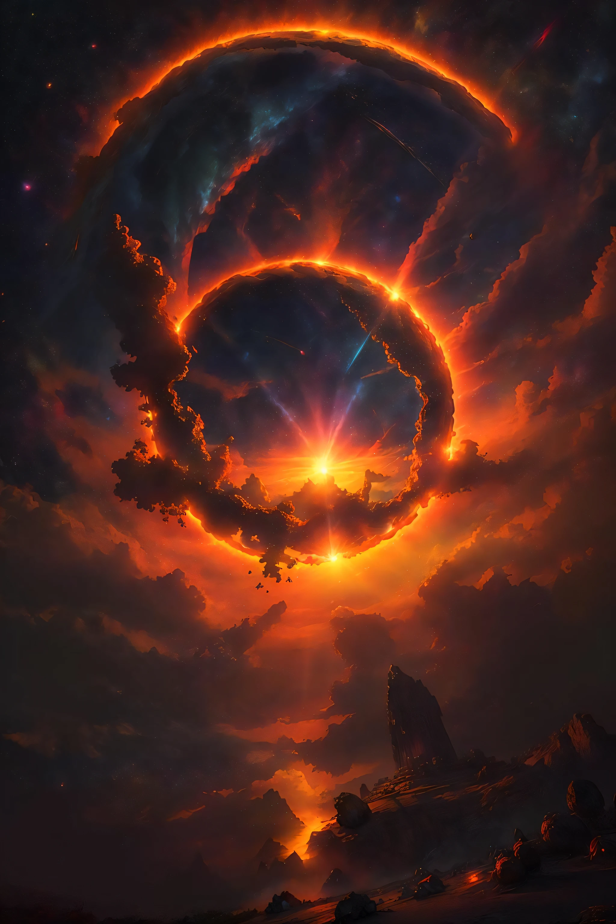 style1-fC, large glowing portal, star (sky), starry sky, fire, space, milky way, embers, shooting star, galaxy, sunset, night sky, explosion, sky, night, aurora, fireworks, light particles, burning, planet, twilight, flame, science fiction, starry background, sparks, snowing, dusk, gradient sky, skyline, earth (planet), sun, evening, no humans, scenery, orange sky, cloud, ruins, diffraction spikes, constellation, light, light rays, torch, sunrise