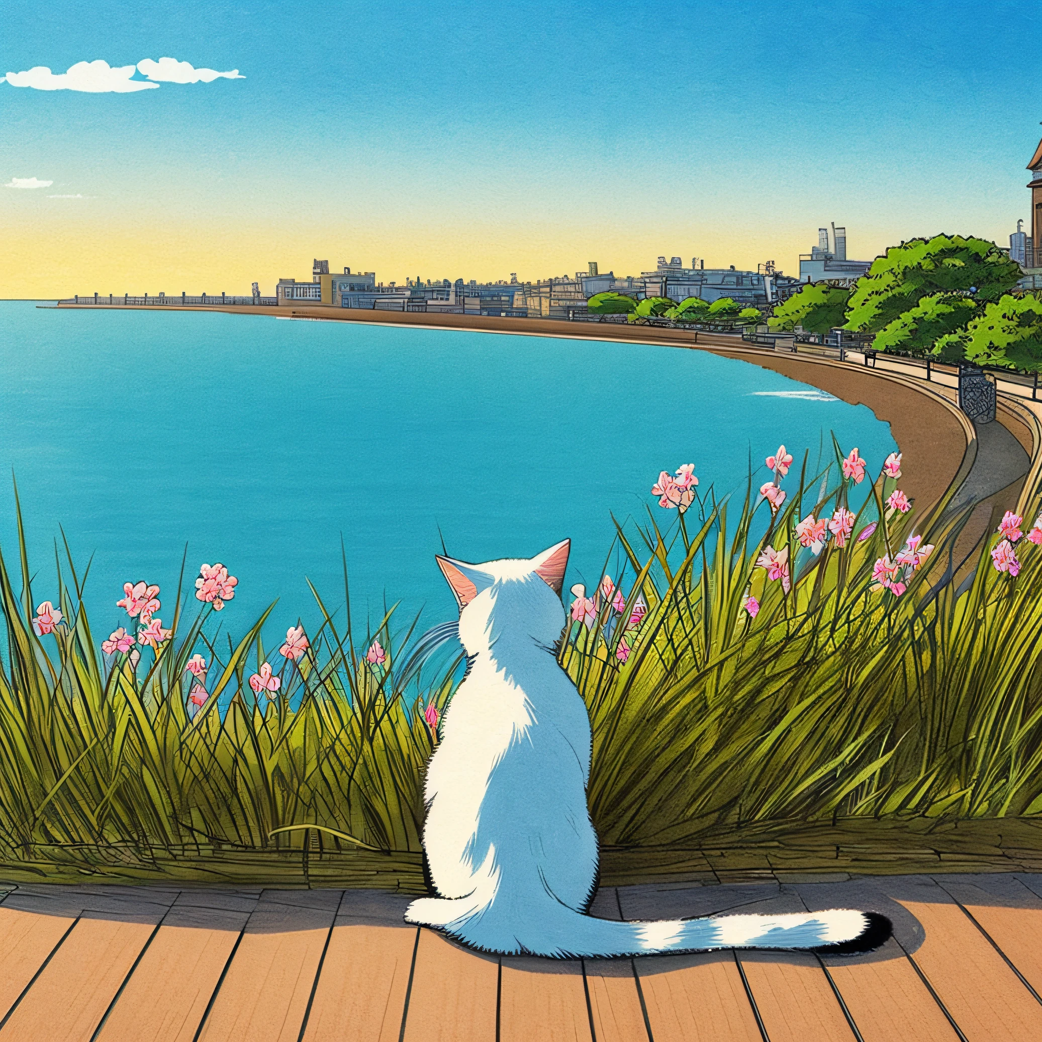 With illustration of a cat、Emotional back view looking at the horizon of the sea from the embankment --auto
