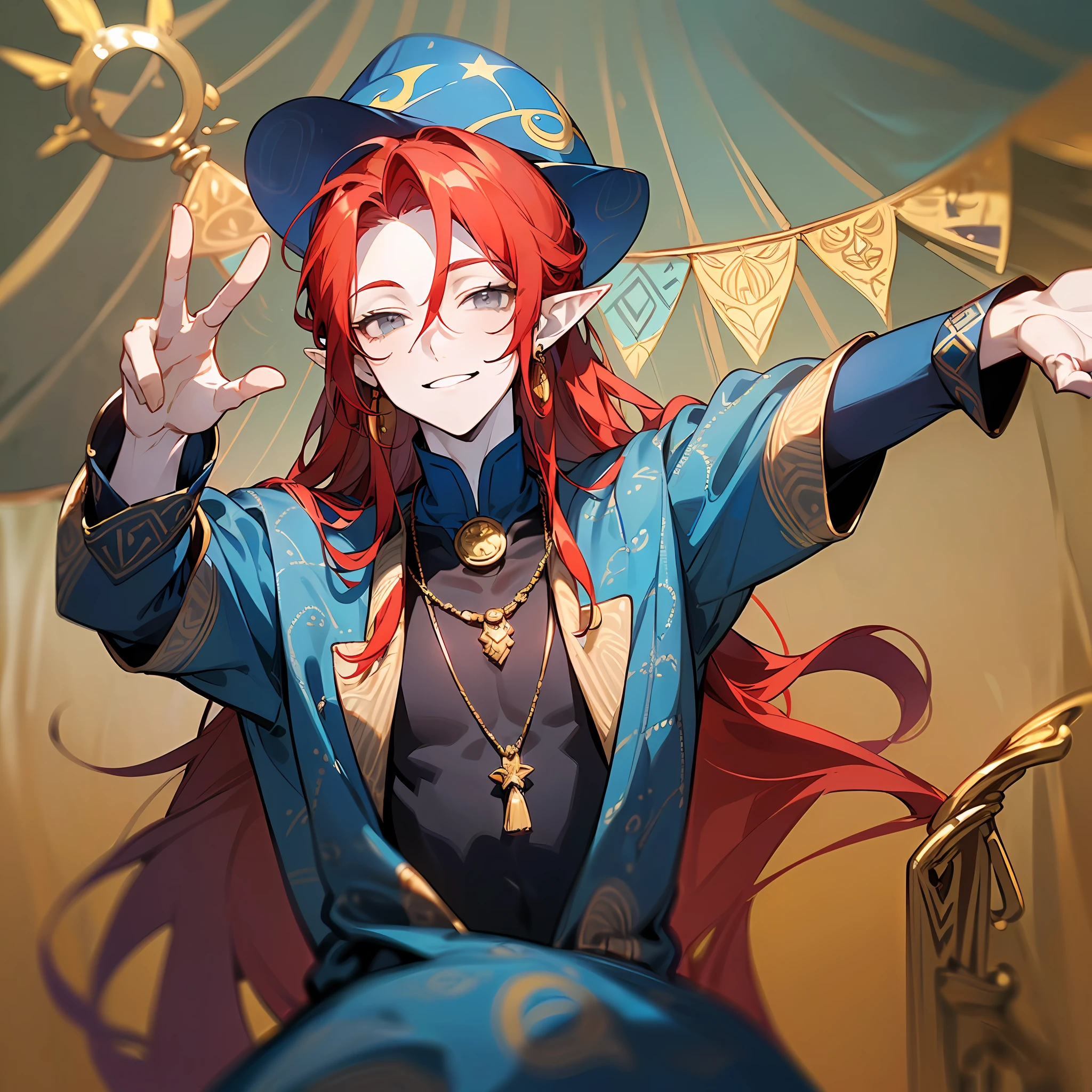 young man, (((male))), (((man))), (((one person))), ((single)), ((solo)), (((very pale skin))), ((pale skin)), (((red hair))), ((red colored hair)), (((grey colored eyes))), long hair, slim body, ((flat chest)), ((wearing fantasy clothes)), ((fantasy style)), (((dark blue clothes))), (((dark blue colored clothes))), ((black colored clothes)), ((golden details)), (((patterns on clothes))), (((fantasy patterns on clothes))), (((magical patterns on clothes))), (((wearing golden accessories in his hair))), (tiny gemstones accessories), ((golden jewellery)), ((pointy ears)), (((grey eyes))), smooth skin, (stars decoration), sun moon decoration, ((male face)), smiling, (((circus tent in the background))), ((circus in the background)), ((carnival in the background)), ((standing in the arena of a circus tent)), (((arms raised up in a welcoming gesture))), (spotlight)