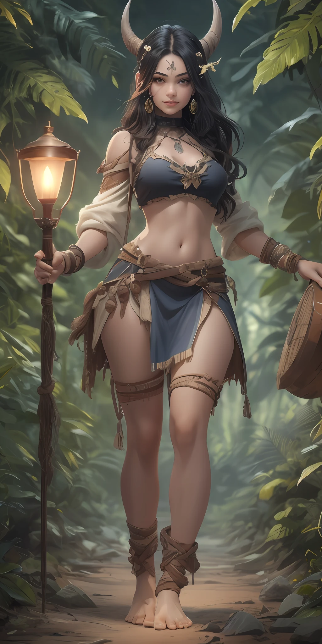 (1 Beautiful girl in the North)，Full body like，Stone Age，Primitive barbarian style，long leges，Barefoot，Holding a lamp in his hand，highly details eye，详细的脸，Nature, Black color hair, Lamps made of bones，white backgrounid，character concept, character art，tmasterpiece，best qualtiy，Best resolution，8K