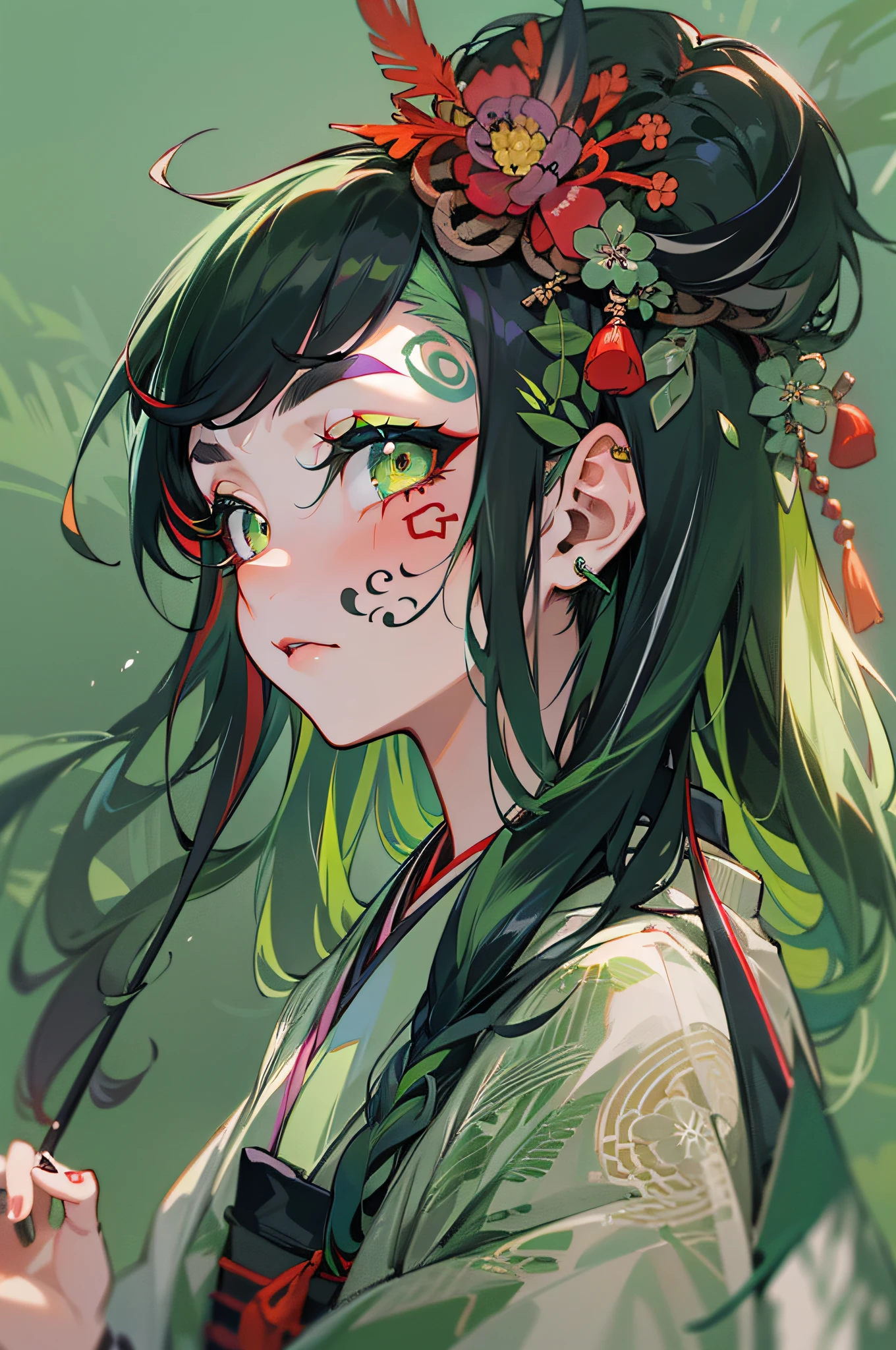 masterpiece, 8K, 1woman, Japanese, beautiful, (black green hair streaked light green:1.3), green feather hair ornament, heavy makeup, (black Japanese tatoo under her eyes:1.3), round eyes, vivid red iris, fair skin, black kimono:1.3