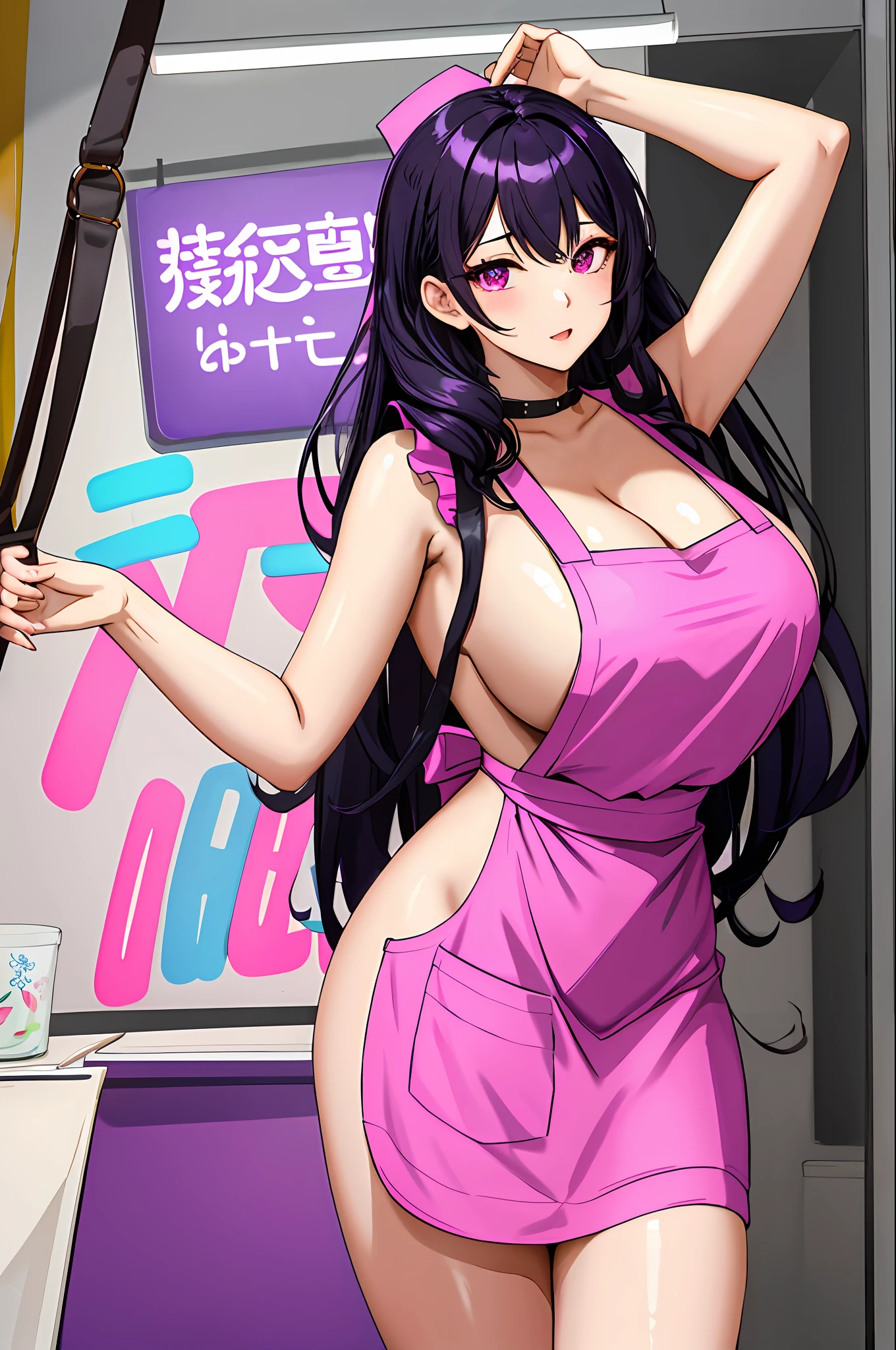 woman， 1girll， 独奏， huge tit， upper legs， Purple-black hair，neon palette， Nude wearing an apron，pink apron， Coiled hair，hason， 1girll， 详细的脸， Hang in the back， illustrated， TTPT-FC ，