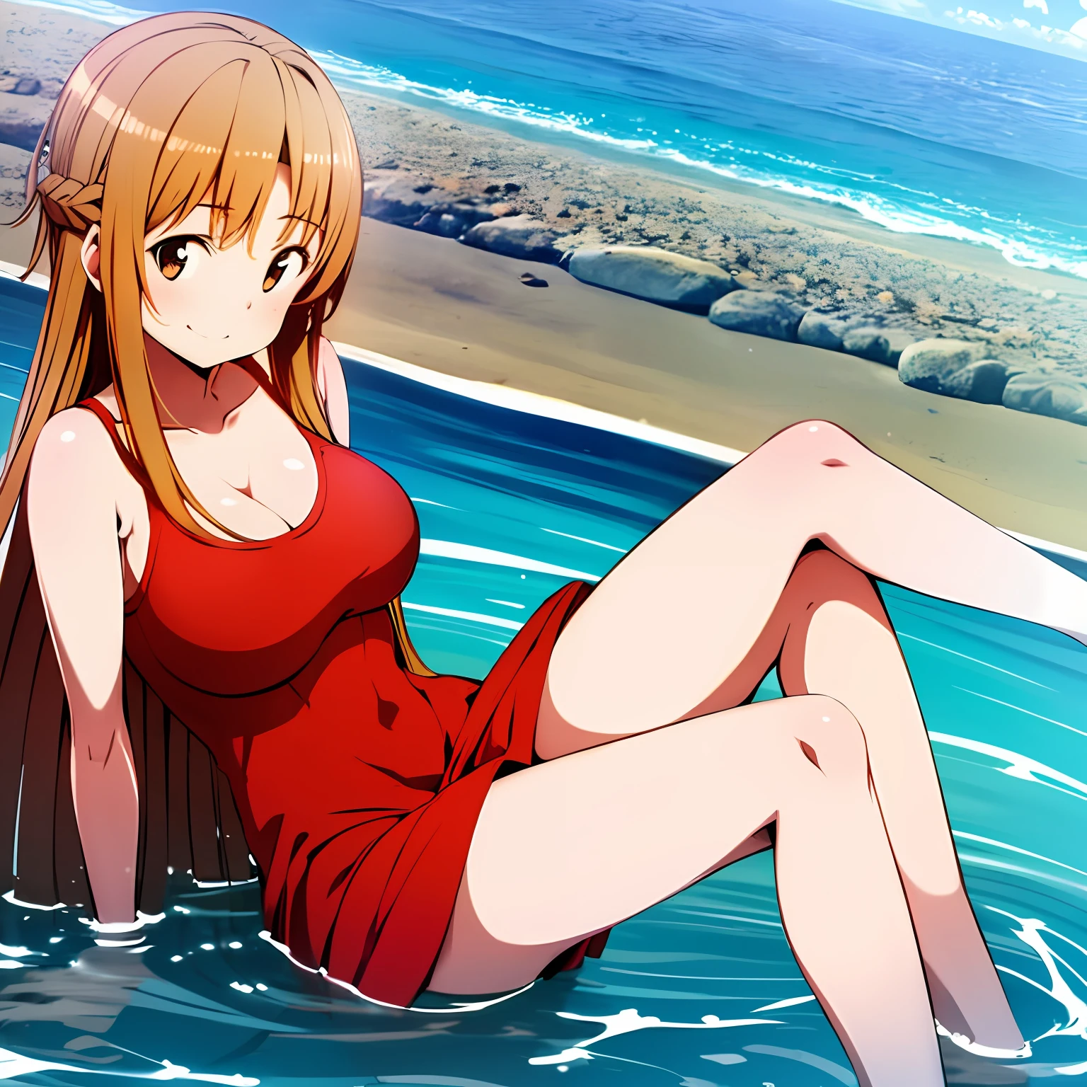 masterpiece、top-quality、1girl、Female sexy、brown-eyed、Happy smiling face、shinny skin、(Nice leg line:1.3)、thin-waist、huge-breasted、break、the beach、Eau、Sitting in the sand、Stretch your legs、Put your hands on the side、Take a break in the water、walk。depth of fields、looking at the viewers、from the front side、The upper part of the body、long_hair、wavy_hair、bare-legged、Loose red dress、