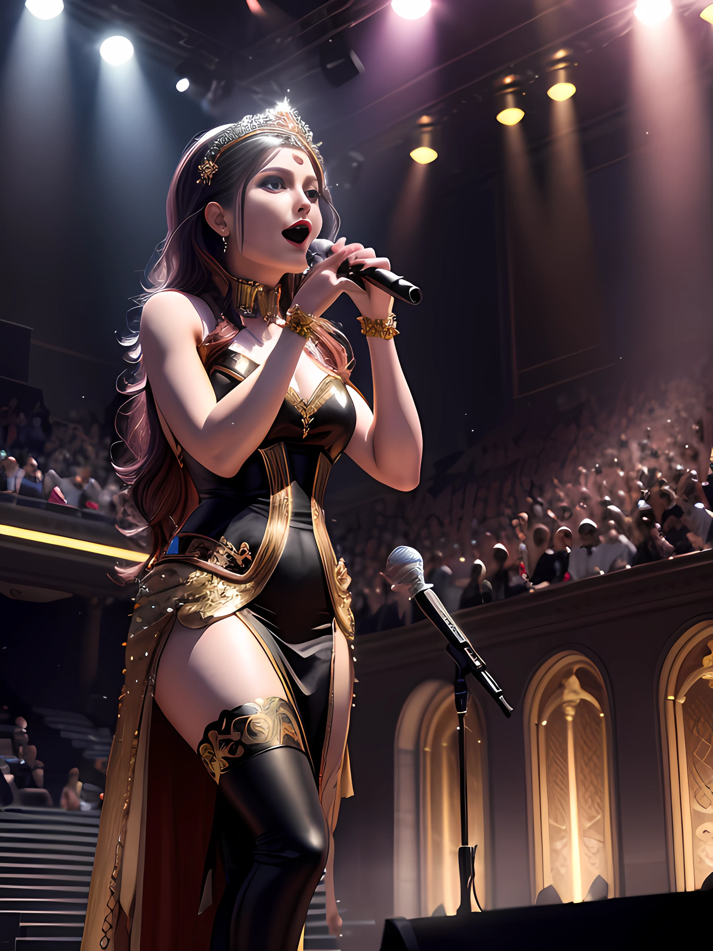 Araki women in costumes sing into the microphone in front of the crowd, Solo Performance Unreal Engine, cgsociety 8k, cinematic cgsociety, cgsociety 8 k, cgsociety 8k, 3 D rendering character art 8 K, trending on artstation 4k, stuning fantasy 3 d render, rendering of beauty pageant, singing at a opera house --auto