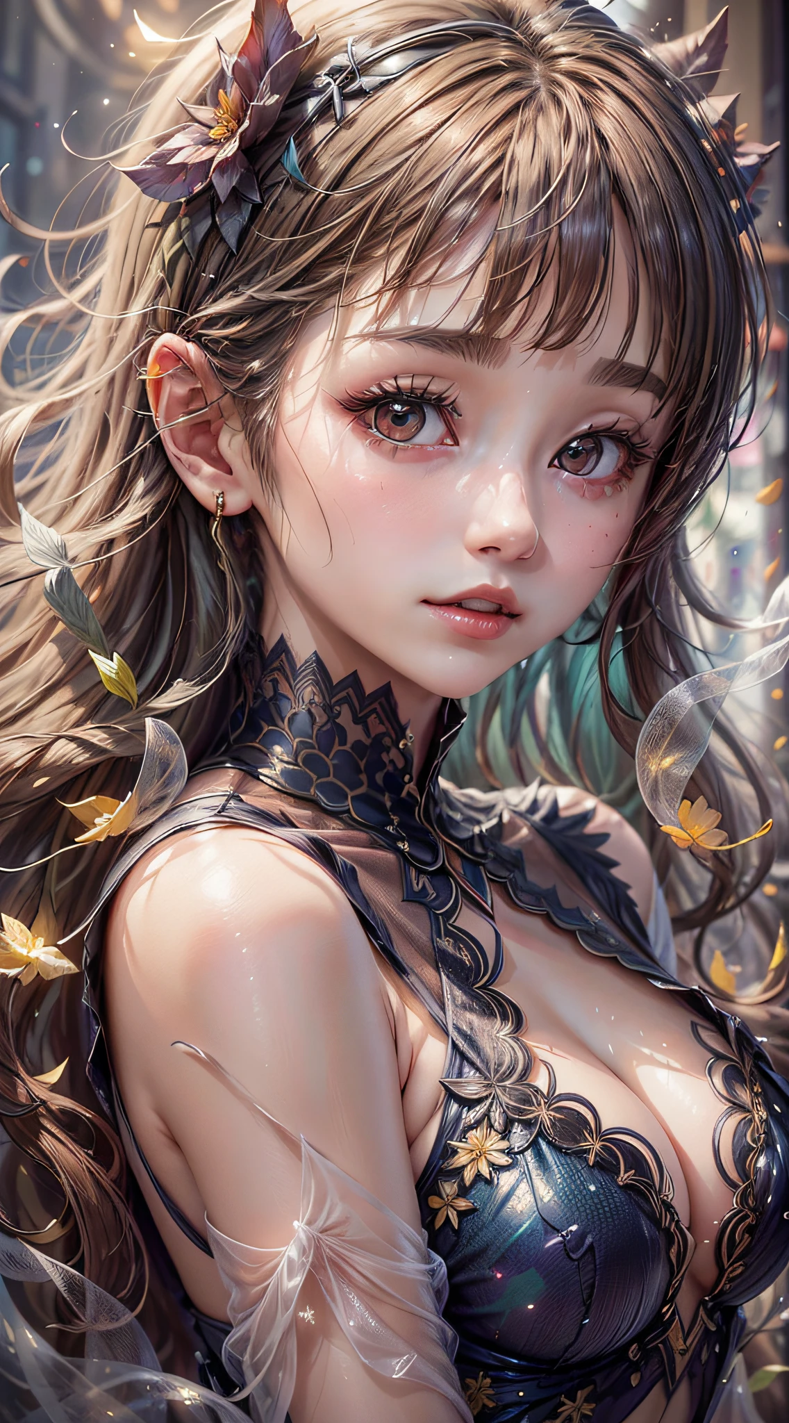 Beautiful girl story wrapped in love, Beautiful eye details, A captivating anime girl gracefully emerges from the pages of a watercolor painting, Her vivid and complex colors are, Bring your artwork to life, (see-through transparent clothes, Transparent costume:1.5), She dons an extraordinary fantasy costume adorned with delicate details, reflecting the enchanting world she inhabits, Luminescent elements, like glowing crystals and ethereal wisps, surround her, casting a soft, otherworldly glow, The style of watercolor painting is、Imbues the image with a sense of fluidity and delicacy, as if the colors are effortlessly blending and bleeding into one another, Camera shot: medium shot, Soft Focus, Luminescent glow illumination, watercolor brushstrokes, Sophisticated and very delicate anime illustration, unique colors, Portrait of an anime girl, infinite love, Irridescent color, beautiful girl illuminated by seven colors of light,