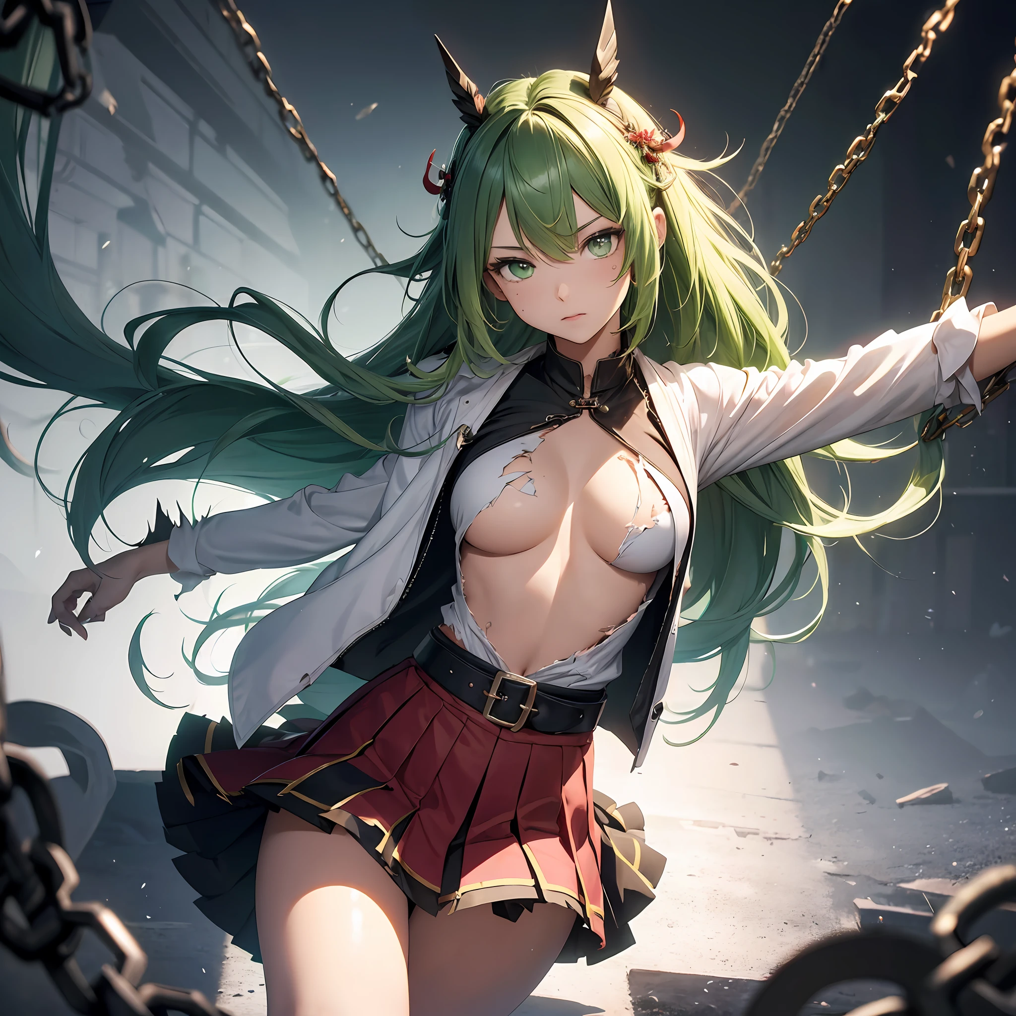 mitsurikanroji, mitsuri kanroji, braid, gradient hair, (green eyes:1.5), green hair, long hair, mole, mole under eye, multicolored hair, pink hair, twin braids, two-tone hair, BREAK (torn clothes:1.5),open clothes, nipple slip, front open, (:1.2), belt, ((black skirt)), cleavage, coat, demon slayer uniform, haori, japanese clothes, long sleeves, miniskirt, partially unbuttoned, pleated skirt, skirt, uniform, nsfw, BREAK looking at viewer, BREAK (outstretched arms:1.2), (outstretched legs:1.2), (chain:1.1), (bound:1.2), restrained, cuffs, handcuffs, (chained:1.2), (floating:1.4), breasts, sweat, dark room, (window:0.5), simple background, black background,(torn clothes:1.2), , BREAK (masterpiece:1.2), best quality, high resolution, unity 8k wallpaper, (illustration:0.8), (beautiful detailed eyes:1.6), extremely detailed face, perfect lighting, extremely detailed CG, (perfect hands, perfect anatomy),