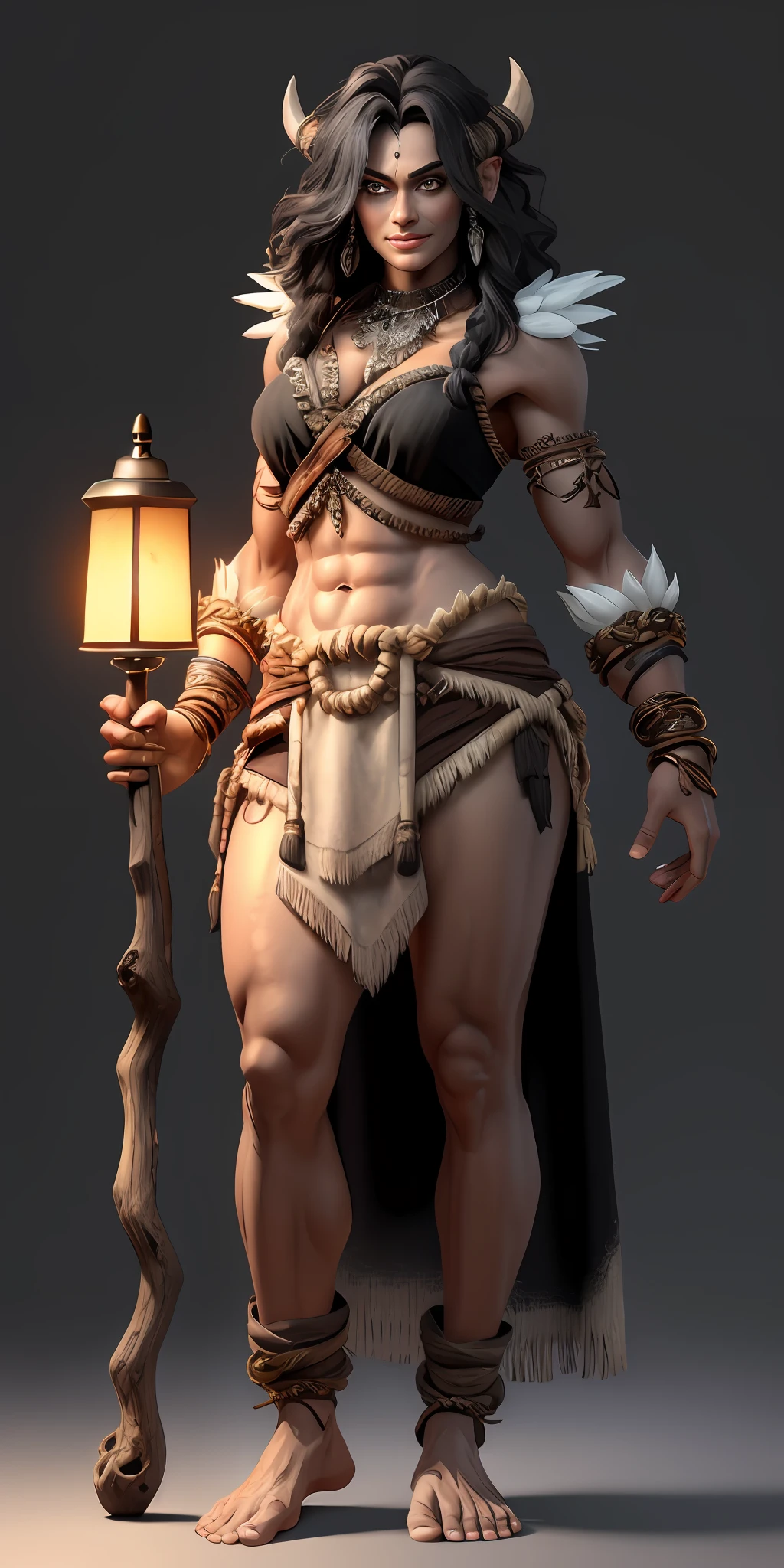 (1 Beautiful girl in the North),Full body like,Stone Age,Primitive barbarian style,long leges,Barefoot,Holding a lamp in his hand,highly details eye,详细的脸,Nature, Black color hair, Lamps made of bones,white backgrounid,character concept, character art,tmasterpiece,best qualtiy,Best resolution,8K