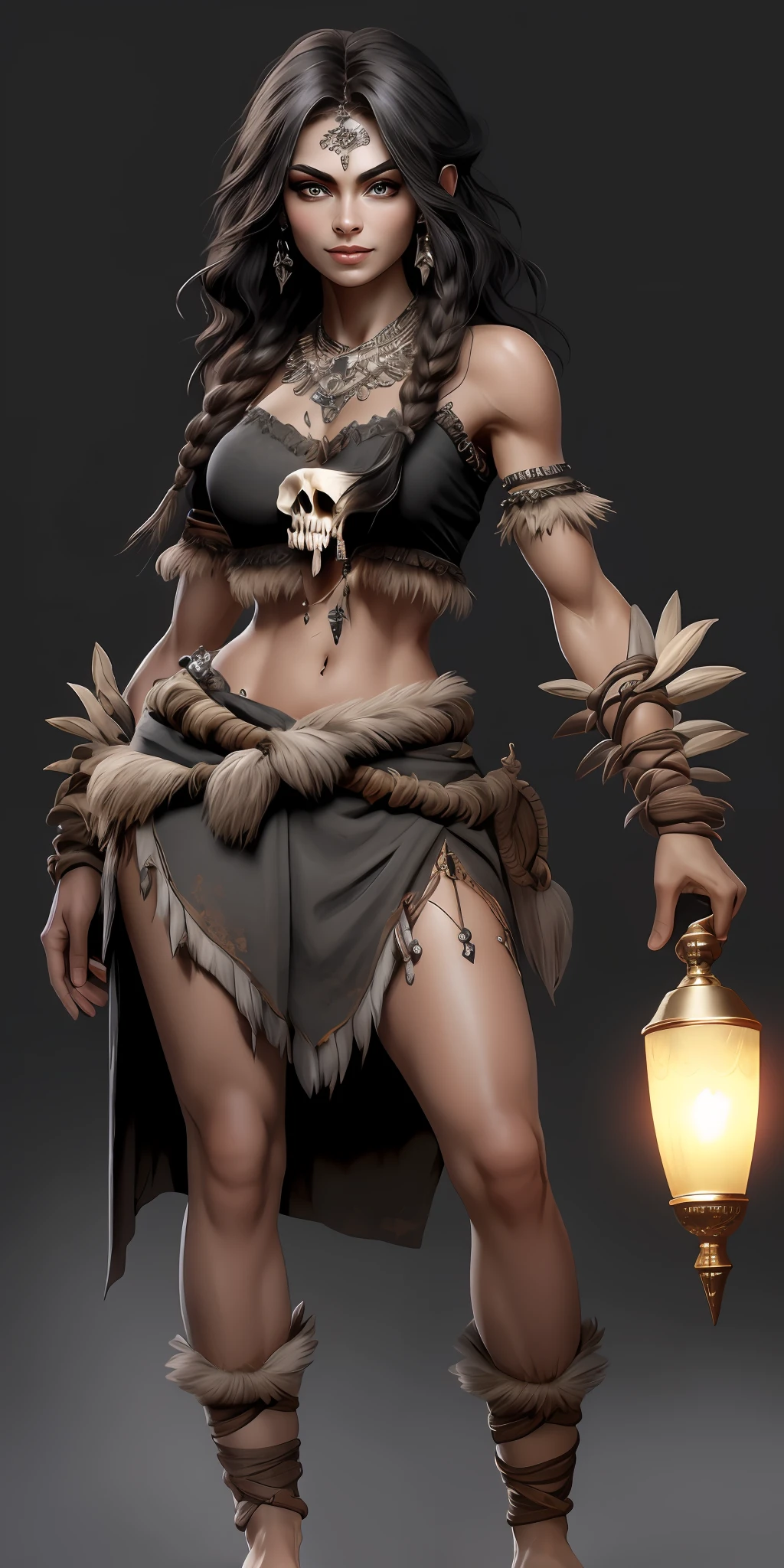 (1 Beautiful girl in the North),Full body like,Stone Age,Primitive barbarian style,long leges,Barefoot,Holding a lamp in his hand,highly details eye,详细的脸,Nature, Black color hair, Lamps made of bones,white backgrounid,character concept, character art,tmasterpiece,best qualtiy,Best resolution,8K