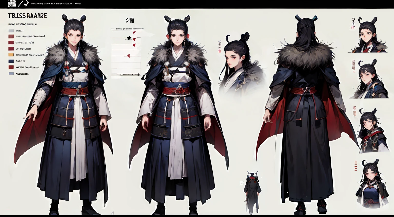 （character design sheet，Same role，frontage，Lateral face，on  back），An ancient Chinese man、Sharp expression、full bodyesbian、Amazing facial features，Gorgeous Hanfu、Furry cape、Complex design，boots，Game model， Stunning lighting， C4D，oc rendered，cinematic rim light，The light is delicate，tmasterpiece，ultra - detailed，Epic composition，Super HD，high qulity，HighestQuali，32k