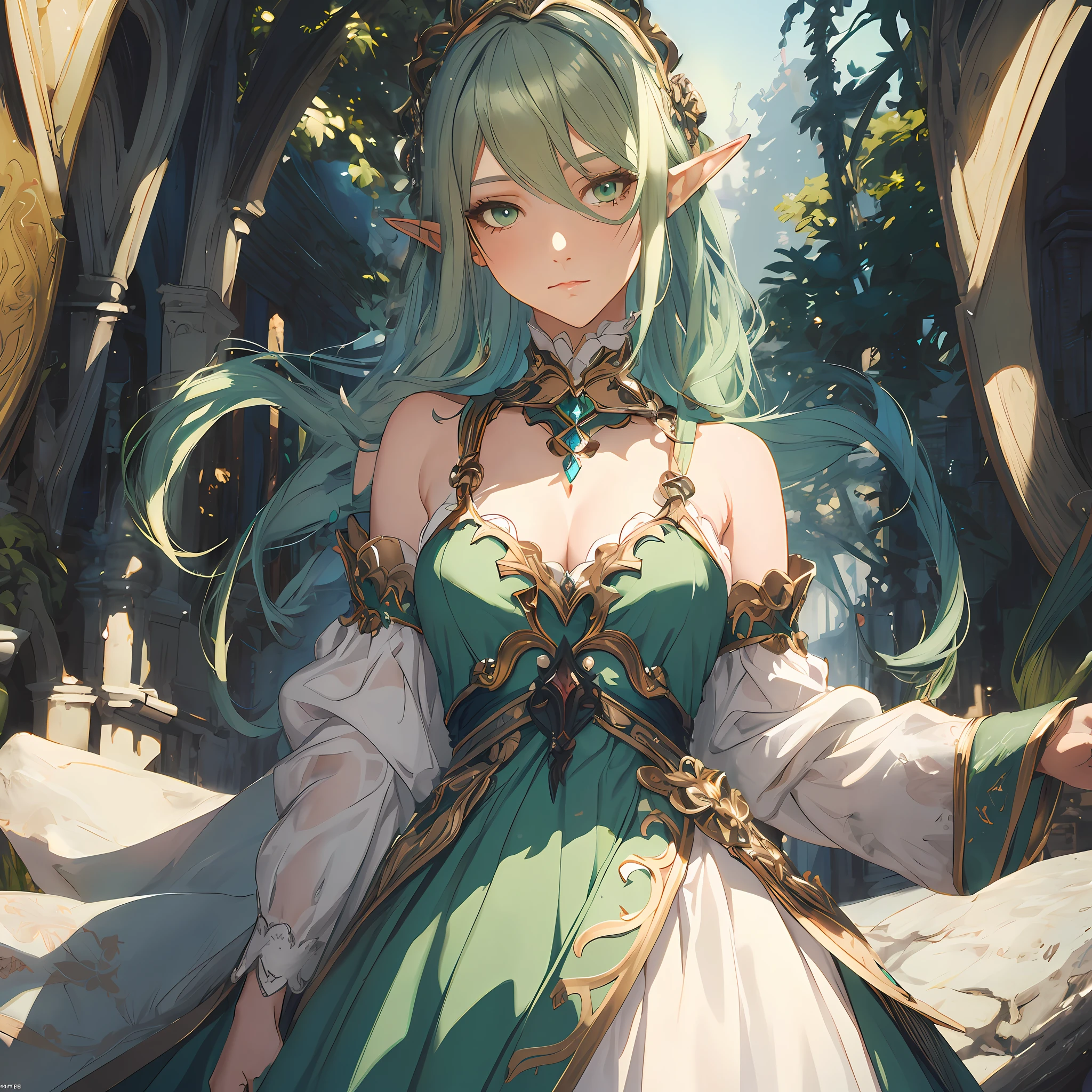 masterpiece, best quality, 1woman, adult, female focus, solo, two tone hair, unique blonde aqua hair, vibrant green eyes, looking at viewer, closed mouth, upper body, Fantasy aesthetics, Highly detailed, shadowverse style