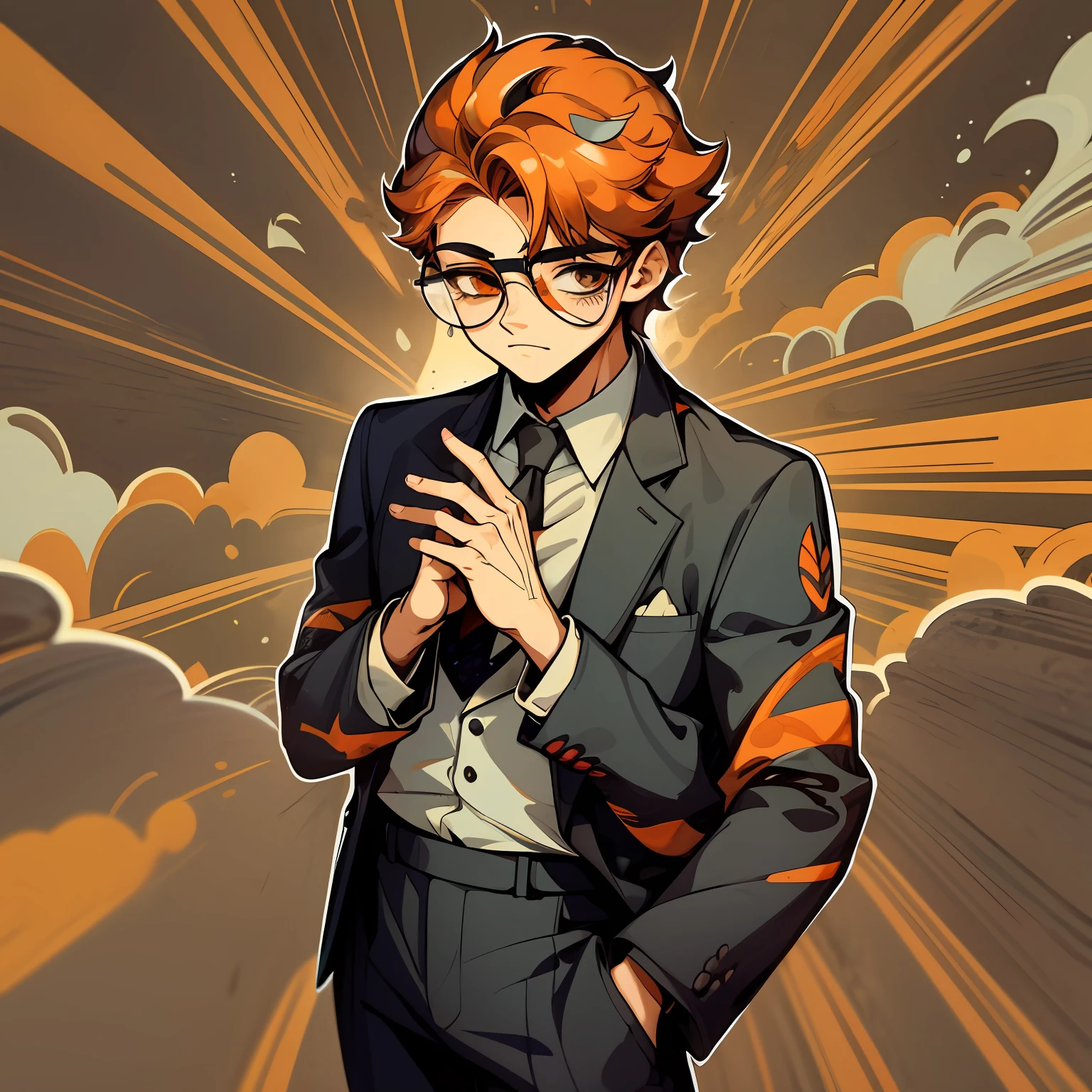1sticker，Handbook，（a sticker，1 boy，uncle，Four hands，orange color hair，eye glass，In black suit，Red lining）， white backgrounid， simple backgound， dk， adolable， Little big breasts柄， pastel colour， vectorstyle， no gradien