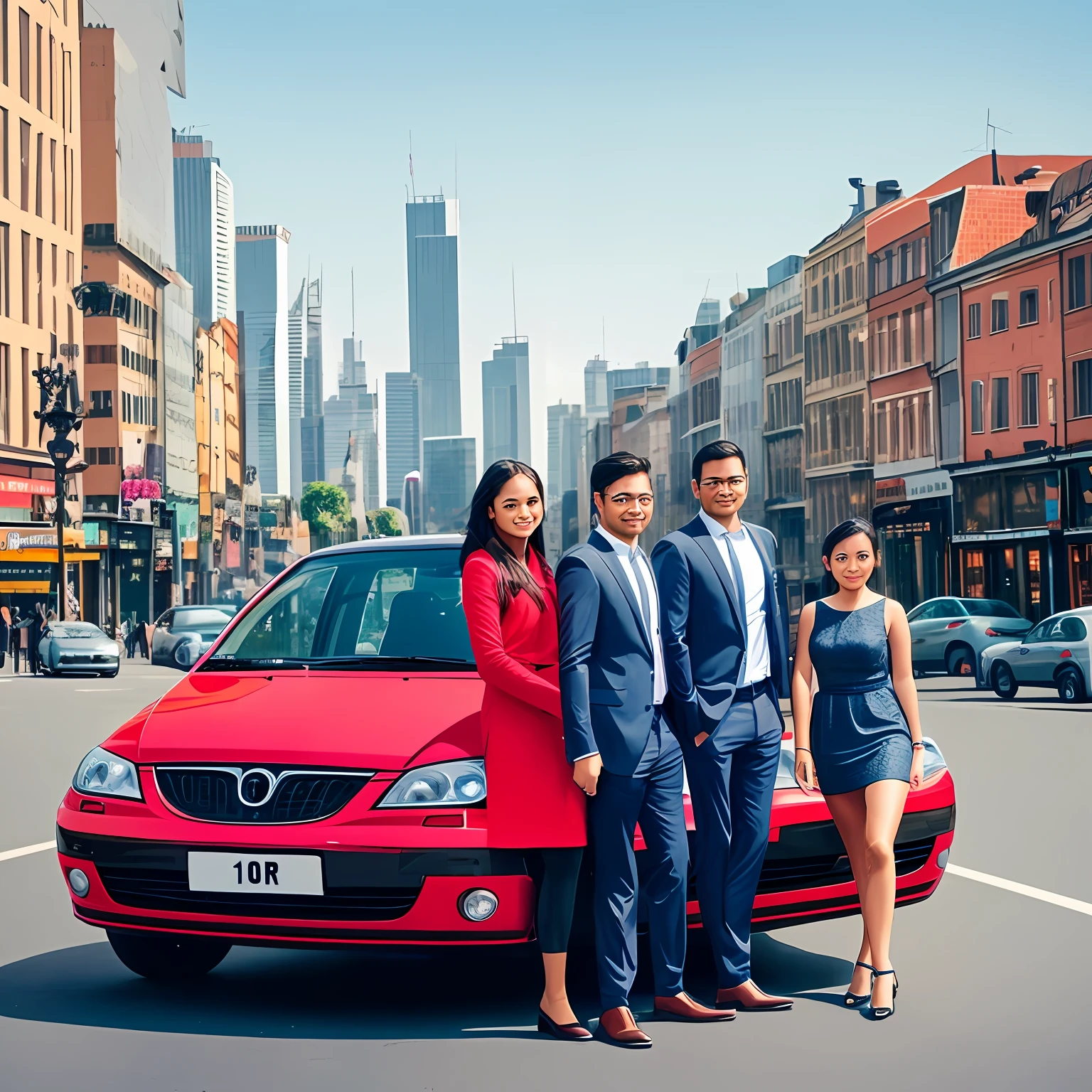 3 passengers,Standing happily on the side of a car,The background is the city --auto