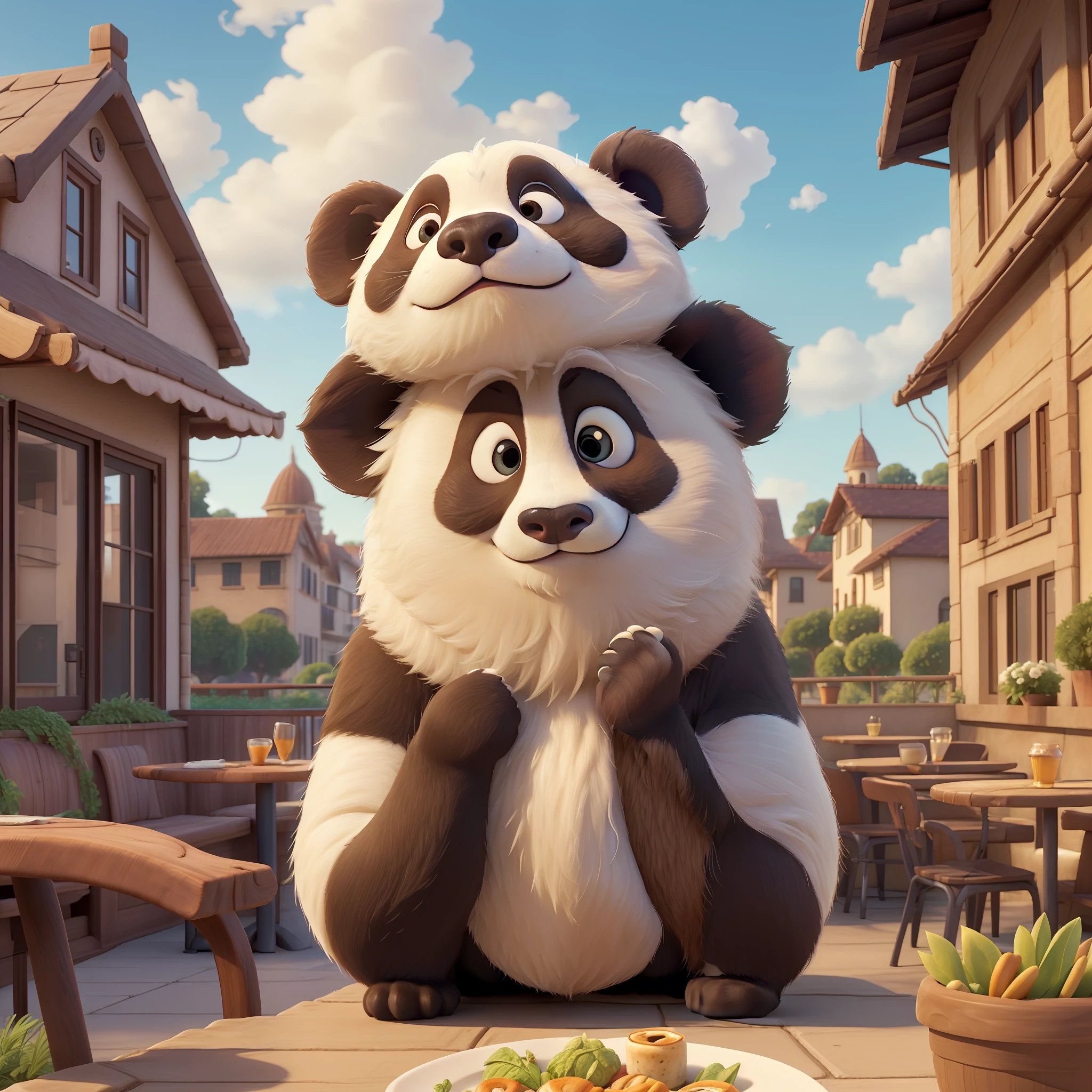 (cute panda:1.2), One face, One horse、ssmile, Bushy smooth coat、personification, Mushroom cap on the head, rendered:(charicature:1.3,Production Movie, the pose:(Lively:1.2, amusing), modeled:(ultra-quality:1.2,8K,Orthographic view), blue-sky, for the background(Morning Cafe Terrace:1.1),{Complex and ultra-detailed, Giuseppe Arcimboldo}