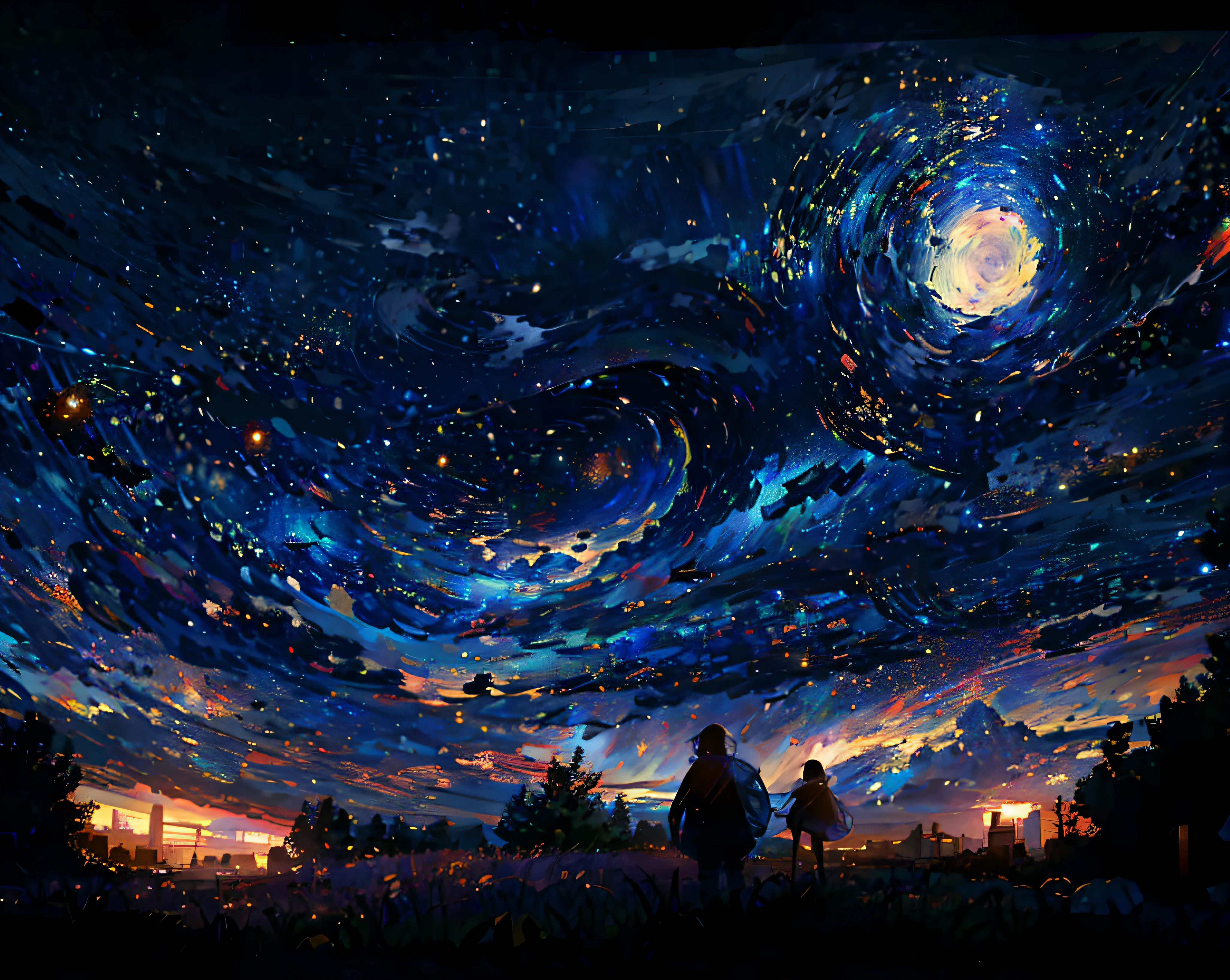 starry night sky with people walking in the distance, 4k highly detailed digital art, beautiful art uhd 4 k, amazing wallpaper, in the starry night, 4 k hd wallpaper very detailed, anton fadeev and dan mumford, 8k hd wallpaper digital art, josan gonzales and dan mumford, wide angle fantasy art, in the style dan mumford artwork