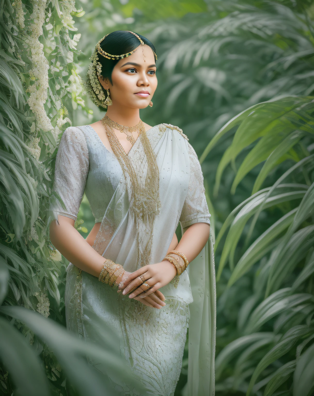 fashion photography portrait of indian girl with black hair, in lush jungle with flowers, 3d render, cgi, symetrical, octane render, 35mm, bokeh, 9:16, (intricate details:1.12), hdr, (intricate details, hyperdetailed:1.15), (natural skin texture, hyperrealism, soft light, sharp:1.2), detailed, sunlight passing through foliage, blue saree, 8k details, masterpiece, best quality, award winning photo, photorealistic, highly detailed, raw photo, realistic natural skin textures, rim light, hyperrealistic, low contrast, sharp focus, soothing tones, intricate, low key, masterpiece, best quality, award winning photo, photorealistic, highly detailed, raw photo, realistic natural skin textures, rim light, hyperrealistic, low contrast, sharp focus, soothing tones, 8k details, intricate, low key