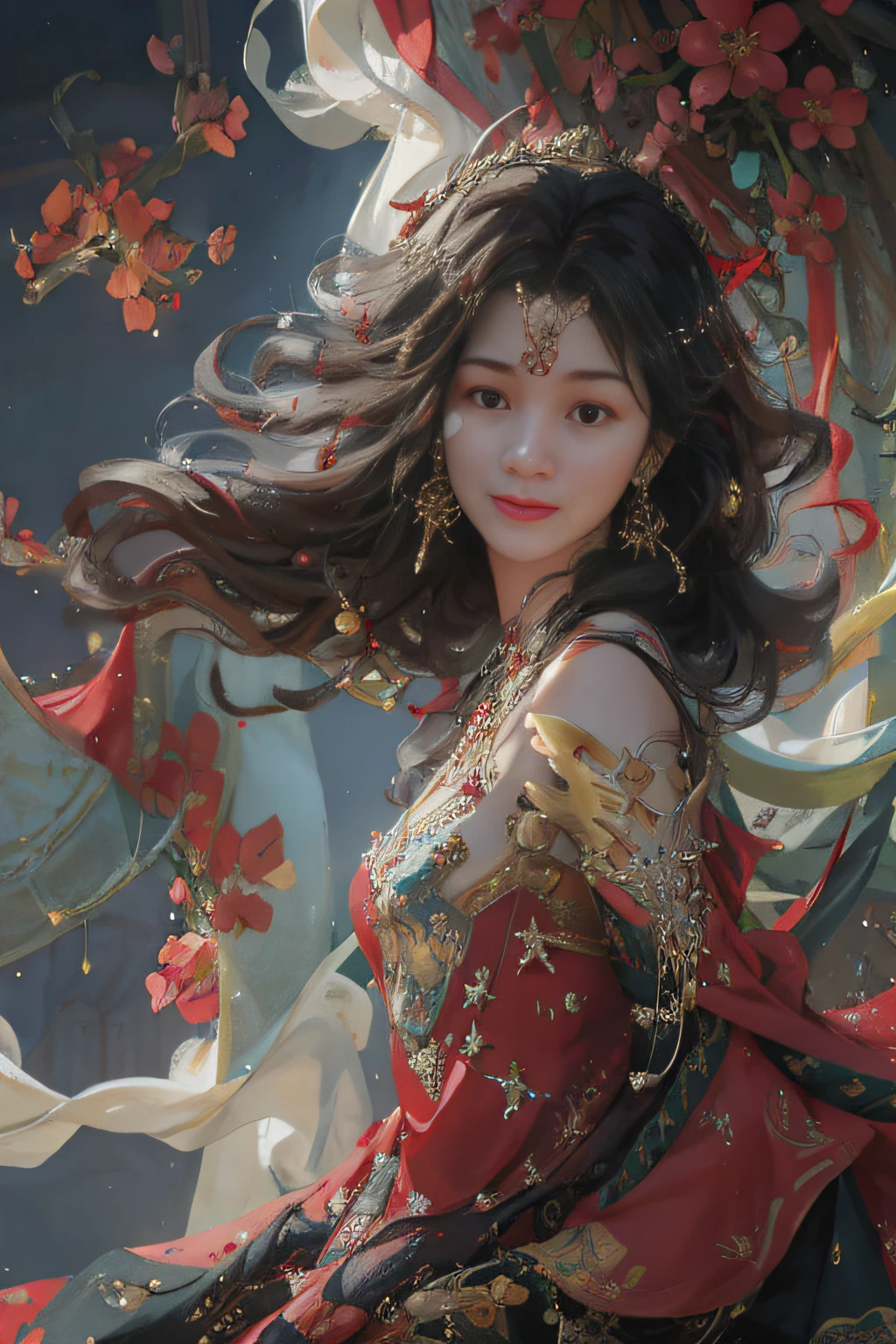 Wearing a red dress,Arad woman with red sickle and gold jewelry, intricate wlop, Inspired by WLOP, style of wlop, Fantasy art style, Beautiful digital artwork, in style of wlop, Guviz-style artwork, Wlop style, Phlegm phlegm art, inspired by Yanjun Cheng, Guviz, Phlegm sputum, phlegm | --auto