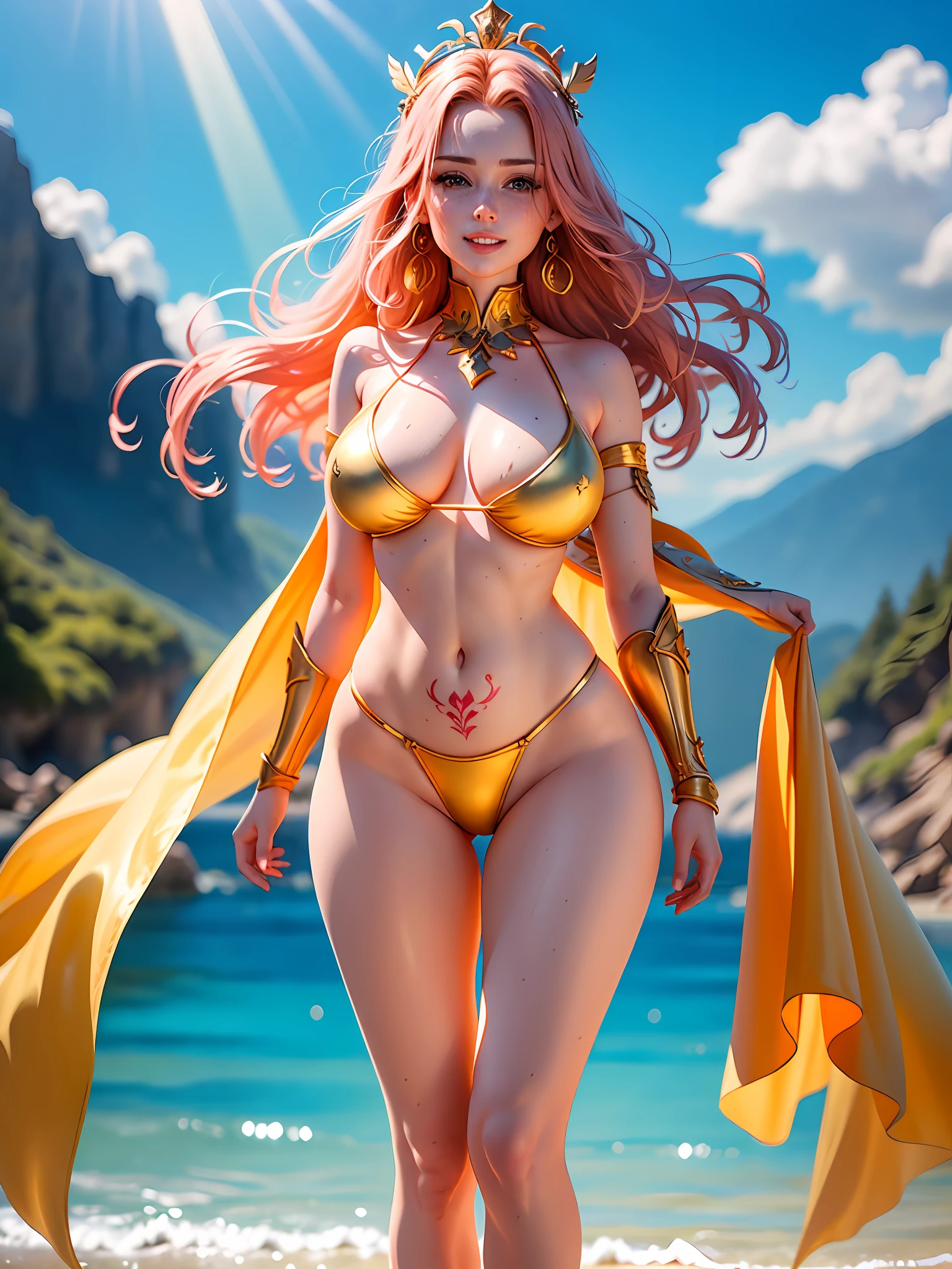 Hand-drawn illustration of a beautiful fighting warrior with pink hair, dynamic pose, big light blue eyes with brightness, halo, illustration, watercolor sketch, (best quality)), detailed intricate, belly out, thick lips with red lipstick, lightly made up and rosy cheeks, female, thin waist, wide hip, thick legs, defined and delicate body, detailed skin, golden tribal tattoo,  sunny day, blue sky, rays of sun, brightness, smiling, golden tribal tattoo, shiny golden armor with red stones, cheerful, happy, beautiful, full body, mountains in the background, golden aura, rays and fire, crystals, scorpion tattoo on the belly, armor, greek goddess, tiara with jewels, earrings, bright halo, emanating energy, scorpion armor, full body, golden sandals up to the shin,  depth, flames of fire, armor on the arms, armor on the shoulders, armor on the waist, warrior amazon, warrior, amazon, queen, wrapped in transparent fabric, knights of the zodiac, wet, water drops, wet hair, wet skin, rays of light coming out of her clothes, wearing a crown, large breasts, bikini mark, tan, swollen breasts, tanned with bikini mark,  big heaving breasts, tattooed, very large breasts, transparent fabric, fighting pose, catching fire, heaving chest, powerful, power, lightning, fire, balls of light, tall supermodel, victorias secret model, tall young girl