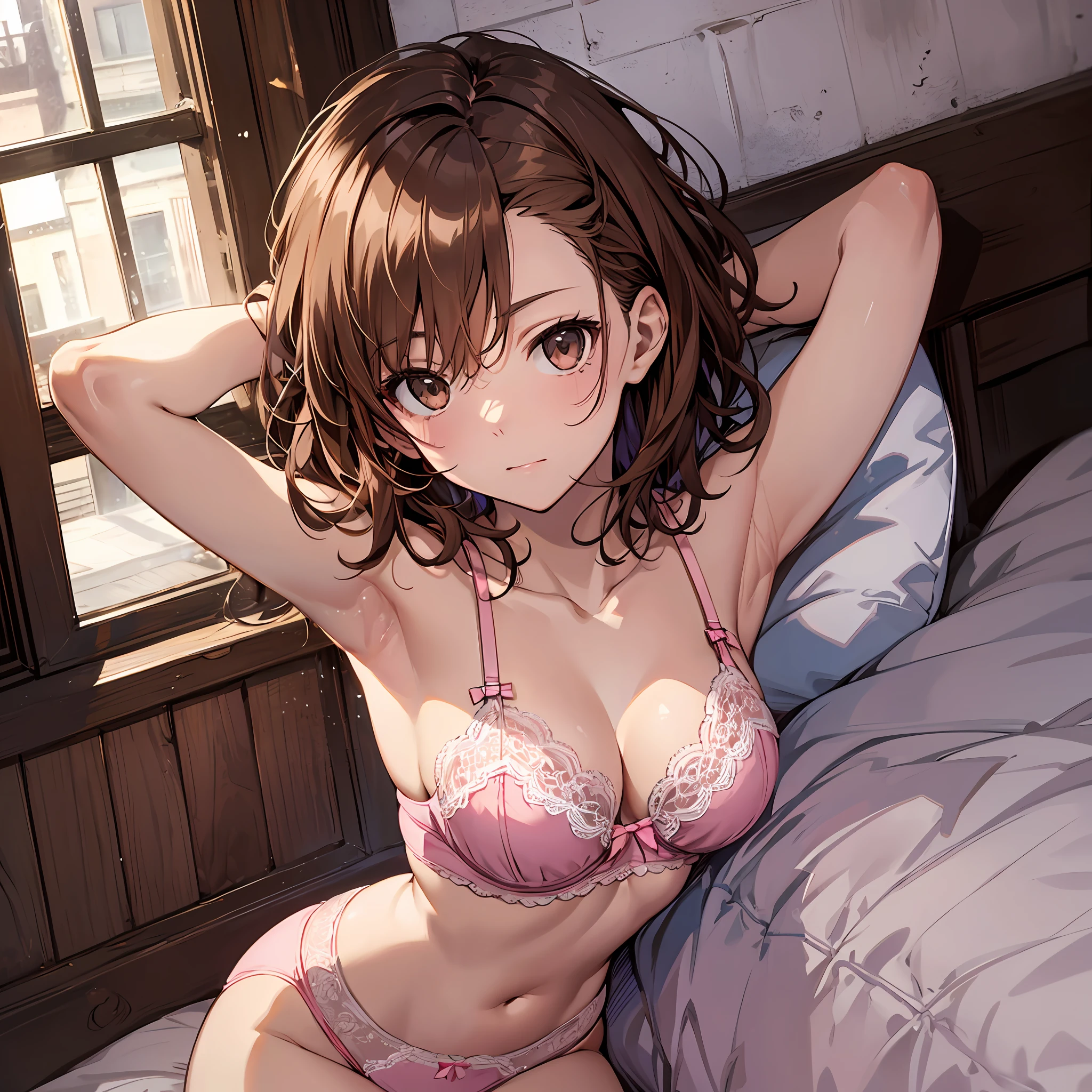 ４ｋqulity, top-quality, Misaka_mikoto, Brown-eyed, Short_hair, Small_Breast,）on the beds　Pink lingerie　１６age　sexypose　Bewitching-