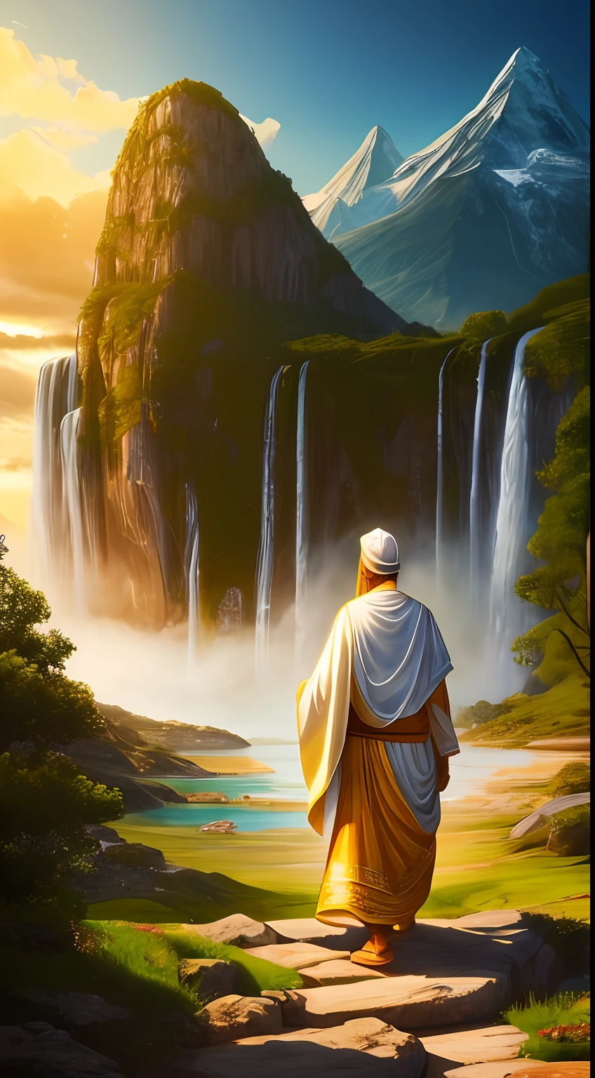 Samuel, the biblical prophet, will speak to God in a time of deep meditation and spiritual connection.  Na imagem, visualize Samuel vestindo um manto branco, walking towards a sacred mountain surrounded by an aura of divine light.  Your face should reflect serenity and reverence, Eyes closed in expression of prayer.  No topo da montanha, retratam uma figura majestosa e imponente envolta em brilho celeste, symbolizing the divine presence of God.  The scene should convey an atmosphere of sacredness and mystery, com elementos naturais, like trees, flores e uma cachoeira ao redor da montanha, representing the harmony between man and God's creation.  Use soft colors and golden tones to emphasize the divine character of the scene