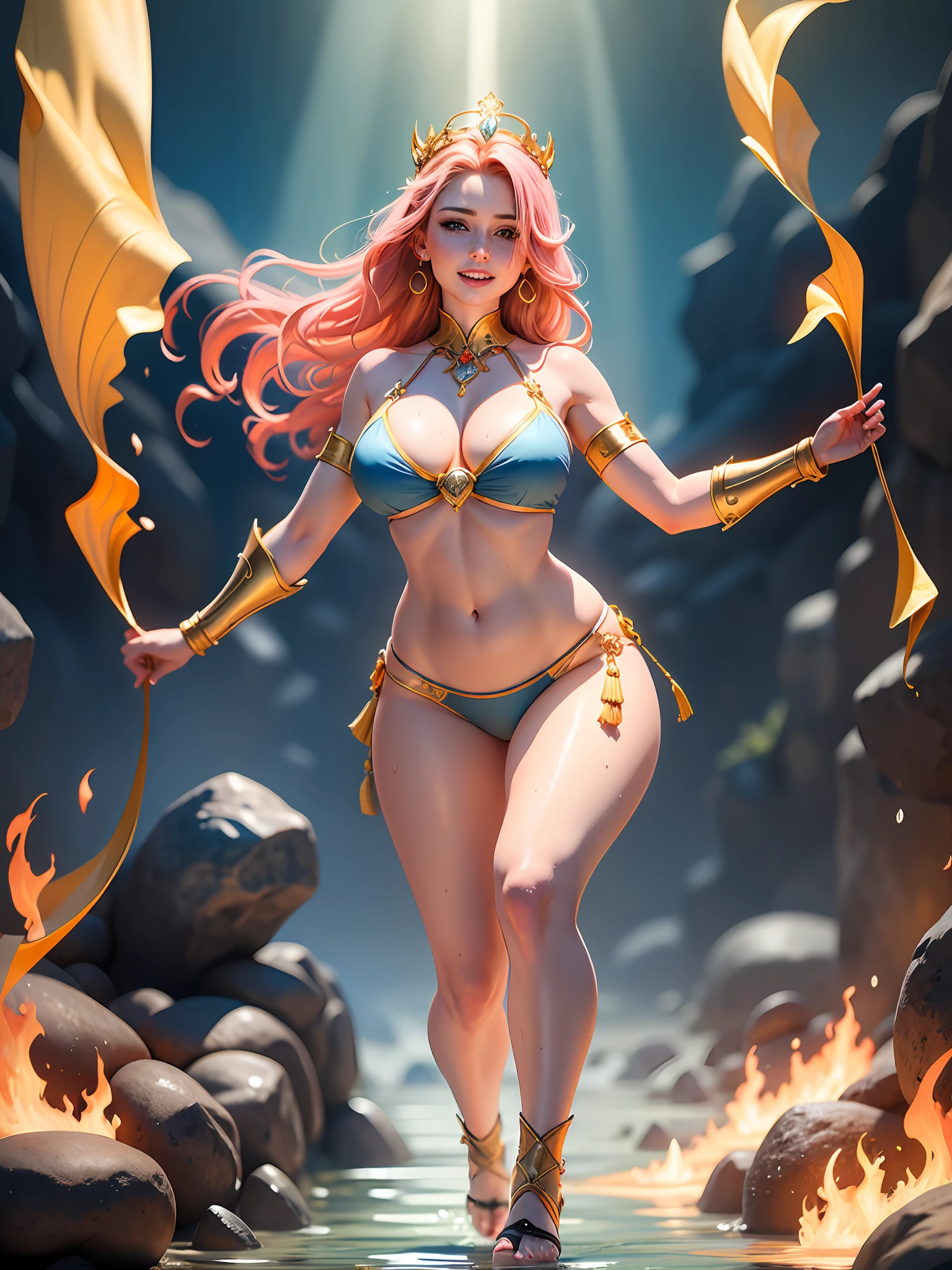 Hand-drawn illustration of a beautiful fighting warrior with pink hair, dynamic pose, big light blue eyes with brightness, halo, illustration, watercolor sketch, (best quality)), detailed intricate, belly out, thick lips with red lipstick, lightly made up and rosy cheeks, female, thin waist, wide hip, thick legs, defined and delicate body, detailed skin, golden tribal tattoo, sunny day, blue sky, rays of sun, brightness, smiling, golden tribal tattoo, shiny golden armor with red stones, cheerful, happy, beautiful, full body, mountains in the background, golden aura, rays and fire, crystals, scorpion tattoo on the belly, armor, greek goddess, tiara with jewels, earrings, bright halo, emanating energy, scorpion armor, full body, golden sandals up to the shin, depth, flames of fire, armor on the arms, armor on the shoulders, armor on the waist, warrior amazon, warrior, amazon, queen, wrapped in transparent fabric, knights of the zodiac, wet, water drops, wet hair, wet skin, rays of light coming out of her clothes, wearing a crown, large breasts, bikini mark, tan, swollen breasts, tanned with bikini mark, big heaving breasts, tattooed, very large breasts, transparent fabric, fighting pose, catching fire, heaving chest, powerful, power, lightning, fire, balls of light, tall supermodel, victorias secret model, tall young girl