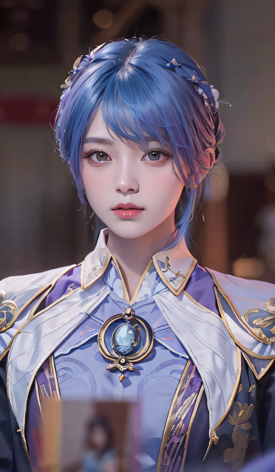 Close-up of a woman with blue hair and a purple shirt, Superb beauty，Portrait Chevaliers du Zodiaque Fille, zhongli from genshin impact, Keqing from Genshin Impact, Yun Ling, inspired by Leng Mei, Beautiful character painting, uma linda princesa， Exquisite princess, portrait of a female mage, Rendu portrait 8k