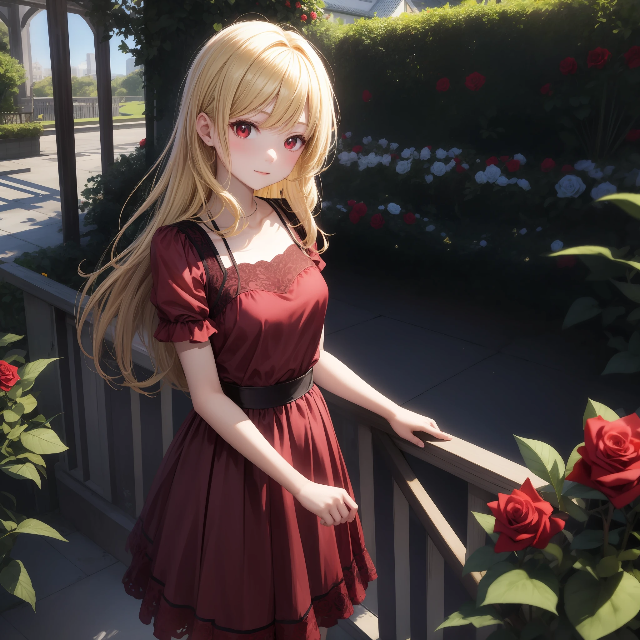 animesque、One blonde girl with red eyes、Bright red dress、Rose Garden