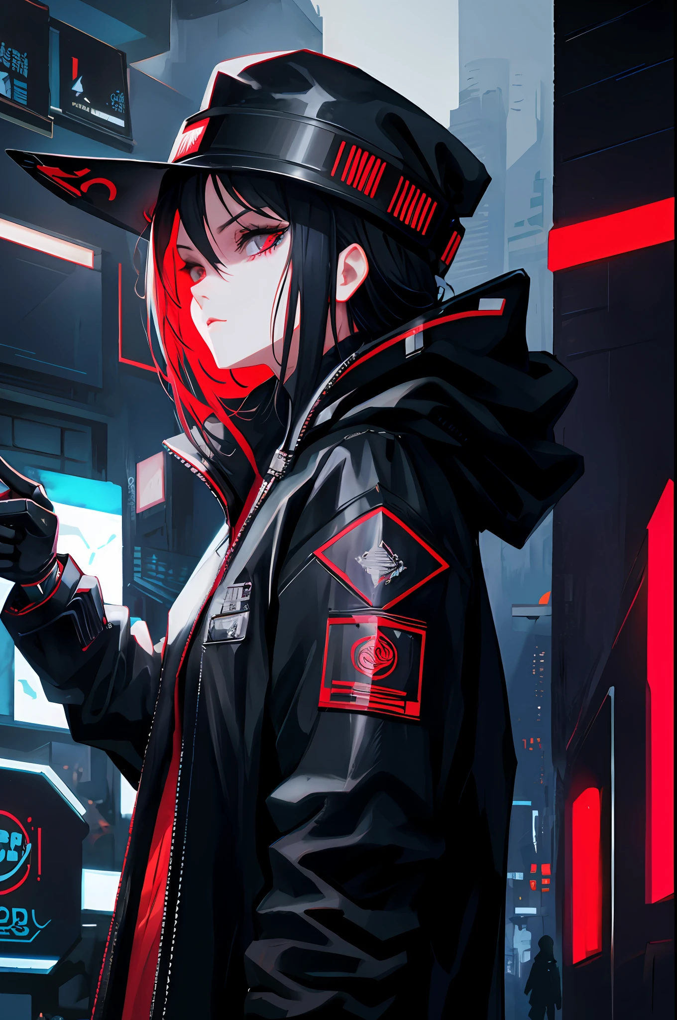 a close up of a person in a black jacket and a hat, trending on artstation pixiv, modern cyberpunk anime, artwork in the style of guweiz, digital cyberpunk - anime art, trending on pixiv, digital cyberpunk anime!!, cyberpunk art style, cyberpunk streetwear, digital cyberpunk anime art, anime cyberpunk art, modern anime style