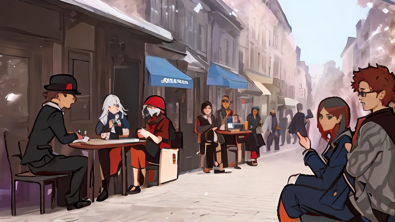 illustration of a street scene with people sitting at tables and walking, by Raphaël Collin, by Bernard D’Andrea, inspired by Tomer Hanuka, ( asaf hanuka ), by Asaf Hanuka, by Tomer Hanuka, by Clément Serveau, inspired by Asaf Hanuka, by Róbert Berény, french comic style
