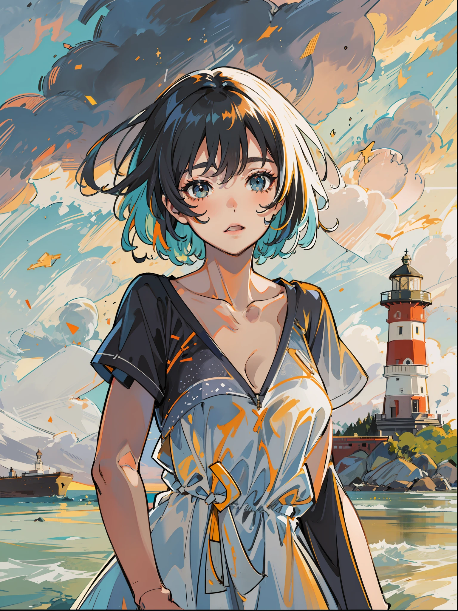 Mature girl, Seafront, lighthouse, Sunset sky, Dreamy clouds, Transparent short dress, Bright facial expressions, Scattered hair, bobbed black hair, Multi-colored hair, Stand tall, Exposing the body,