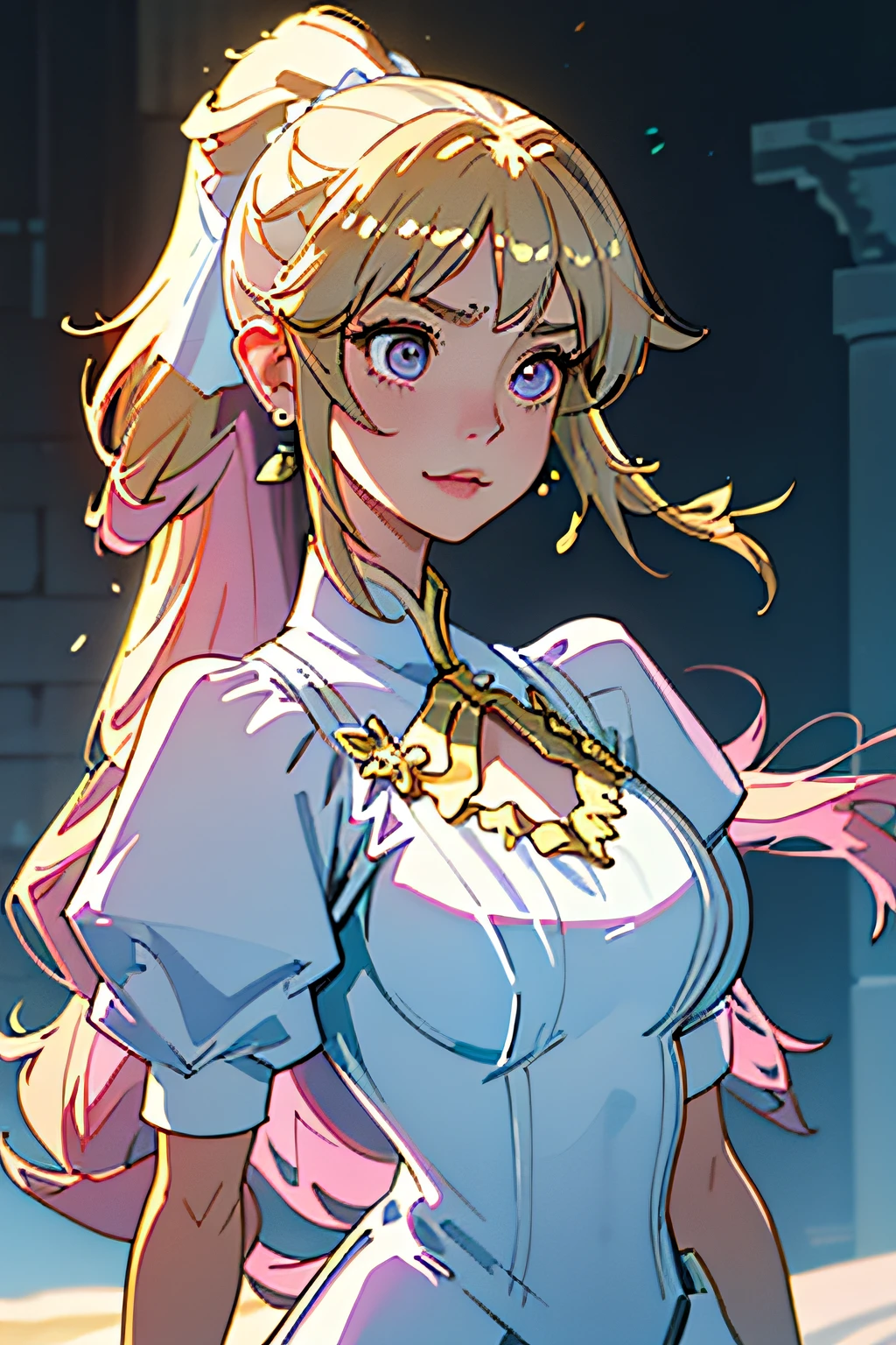 Female superiors、grab chest、gangbang、Golden yellow high ponytail、Large hair volume、White transparent tulle、Soul abilities、sophitia、Sword Soul、Large earrings、huge tit、Flushed complexion、The expression is shy、ssmile、pink areolae、Need、8K quality、beautiful with detail