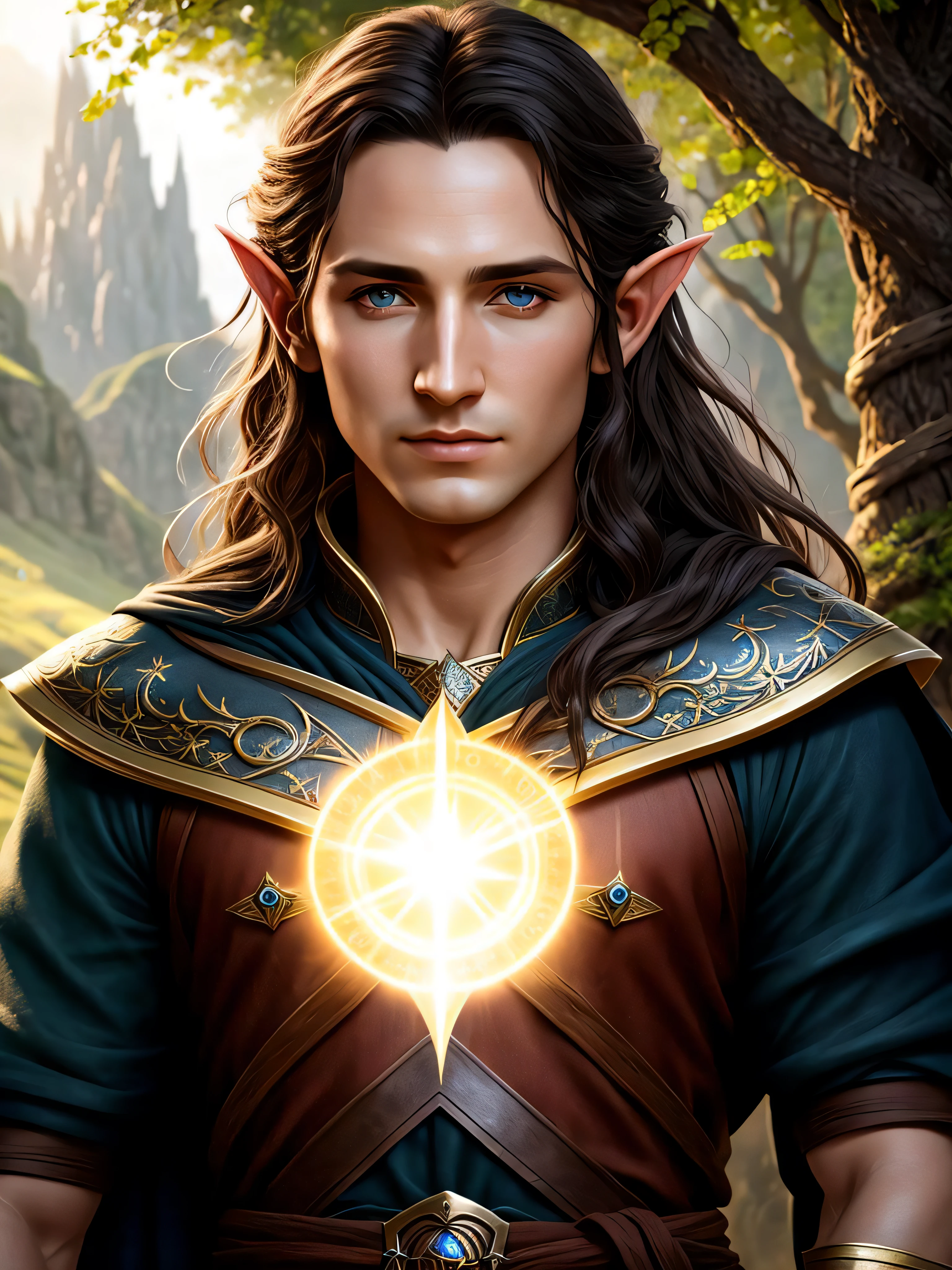 8k, ultra quality, hyperrealistic, photo, fantasy, man elvish sorcerer portrait, detailed, detailed skin, detailed face, daylight, bright, sunlight, outdoor, dnd