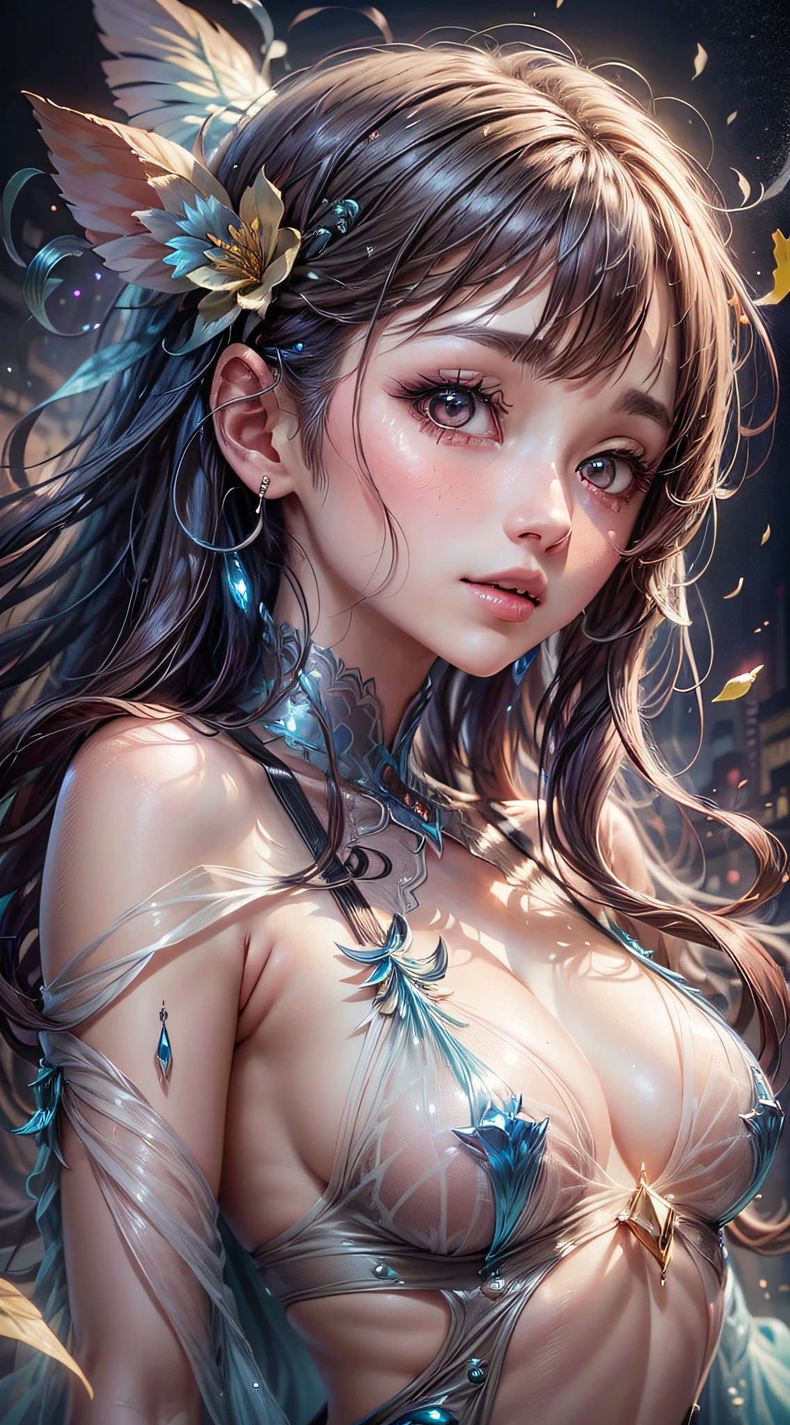 Beautiful girl story wrapped in love, Beautiful eye details, A captivating anime girl gracefully emerges from the pages of a watercolor painting, Her vivid and complex colors are, Bring your artwork to life, (see-through transparent clothes, Transparent costume:1.5), She dons an extraordinary fantasy costume adorned with delicate details, reflecting the enchanting world she inhabits, Luminescent elements, like glowing crystals and ethereal wisps, surround her, casting a soft, otherworldly glow,  The style of watercolor painting is、Imbues the image with a sense of fluidity and delicacy, as if the colors are effortlessly blending and bleeding into one another, Camera shot: medium shot, Soft Focus, Luminescent glow illumination, watercolor brushstrokes, Sophisticated and very delicate anime illustration, unique colors, Portrait of an anime girl, infinite love, Irridescent color,  beautiful girl illuminated by seven colors of light,