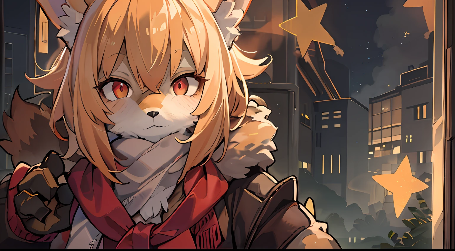 Fox Boy,Libido boy,hairy pubic,shaggy,Smoothes lashes,Skin fur,Golden fur,Short hair in men,Forelimb hands, solid circle eyes,Golden ears,Golden face fur , Short blonde hair,Red eyes,Super cute face,Brown elements on fur,Brown coat brown hood up,Star Jacket,Ambient light,Ultra-fine fur,volumettic light,Night,natural lightting,fox tails,Fluffy tail,Furry tail,nevando,Night,A sky full of stars,Seawall side,crossed bangs, Hairline, Shiny hair,Empty eyes,35mm,sharp talons。High quality, high detal, Best quality, hyper HD, Dark brown gloves,Red and black diamond scarf,individual ,A half body