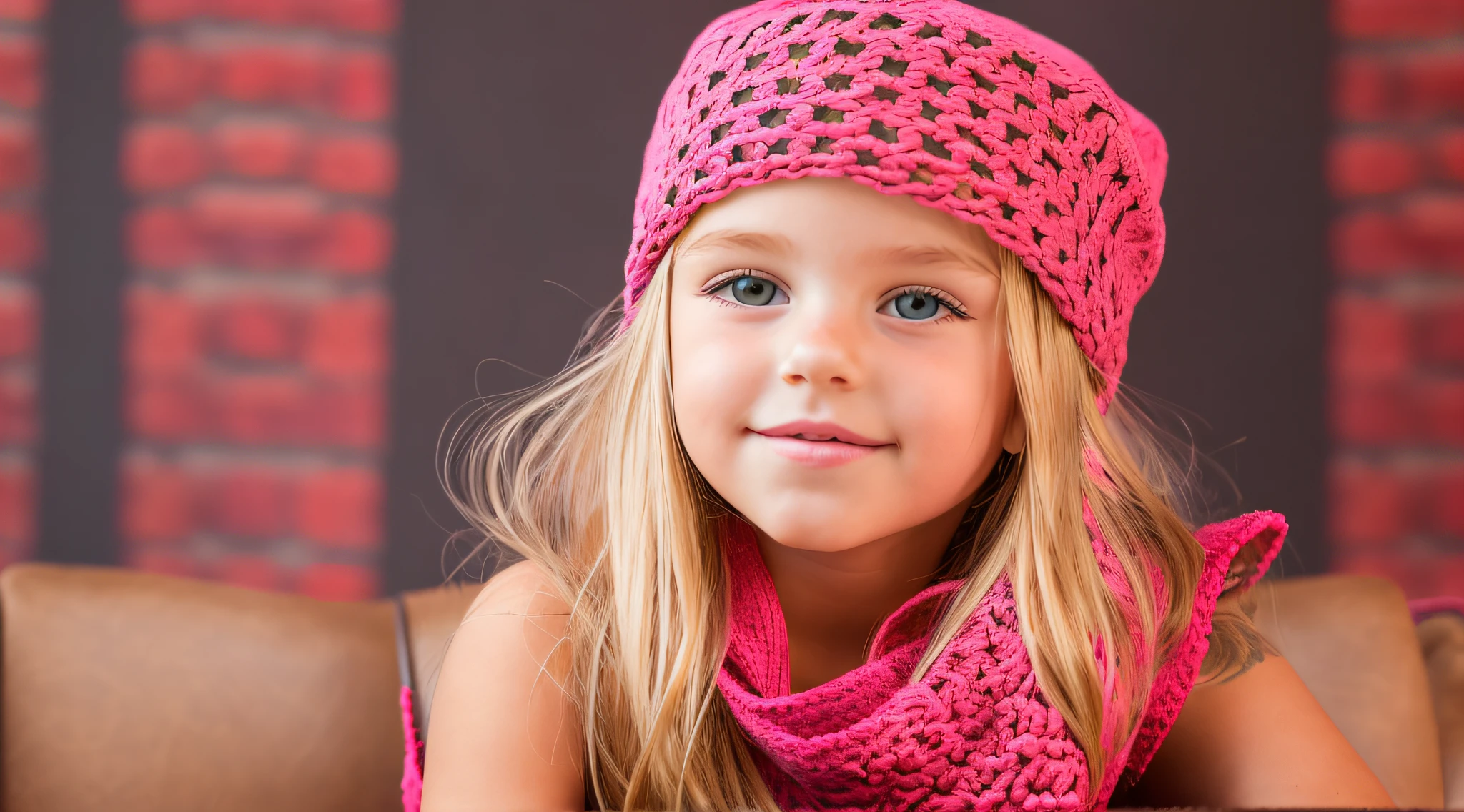 BLONDE girl,wearing a pink hat and scarf sitting on a black leather chair, photo from a promotional session, promotional photoshoot, young girl, beautiful young model, pink cowboy hat, young teenato shoot, photoshoot, inspired by Toros Roslin, red dress and hat, modeling essay, young and beautiful girl, studio portrait photography, photoshoot solo