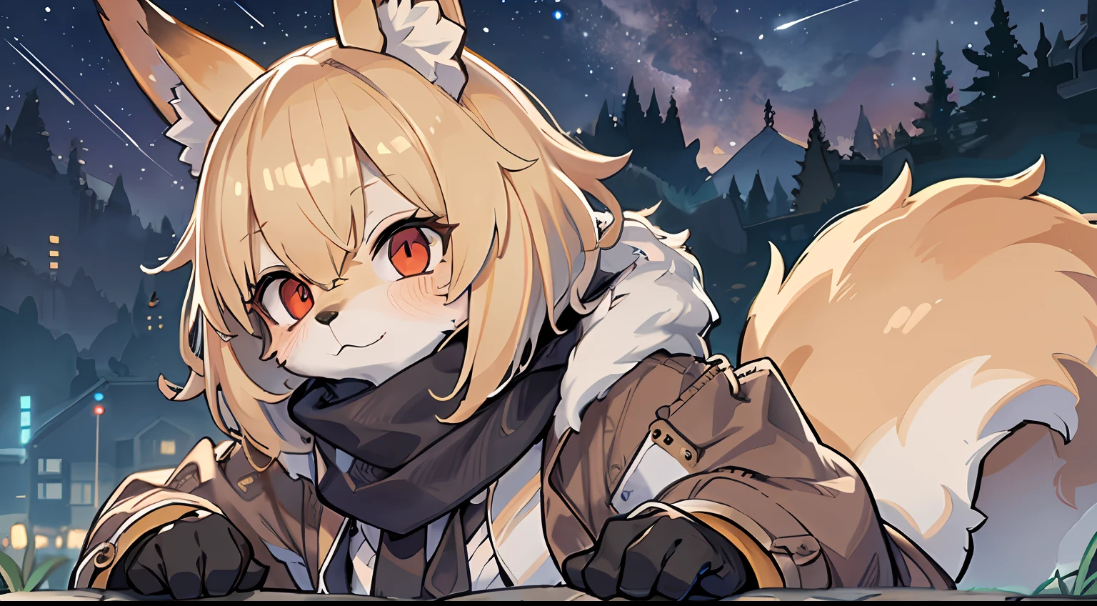 Fox Boy，Libido boy，hairy pubic，shaggy，Smoothes lashes，Skin fur，Golden fur，Short hair in men，Forelimb hands， solid circle eyes，Golden ears，Golden face fur , Short blonde hair，Red eyes，Super cute face，Brown elements on fur，Brown coat brown hood up，Star Jacket，Ambient light，Ultra-fine fur，volumettic light，Night,natural  lightting，fox tails，Fluffy tail，Furry tail，nevando，Night，A sky full of stars，Seawall side，crossed bangs, Hairline, Shiny hair，Empty eyes，35mm，sharp talons。High quality, high detal, Best quality, hyper HD， Dark brown gloves，Red and black diamond scarf，individual ，A half body
