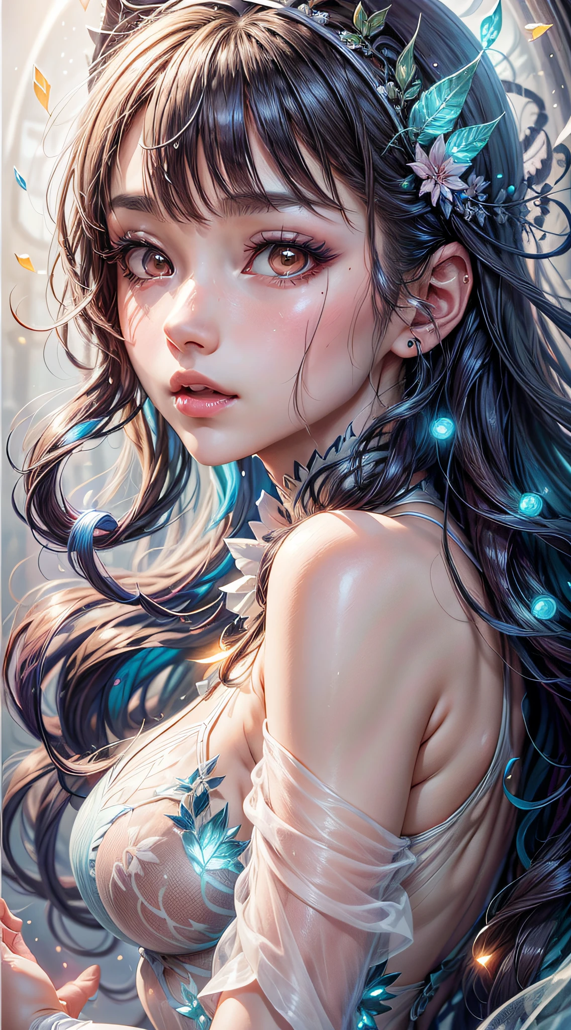 Beautiful girl story wrapped in love, Beautiful eye details, A captivating anime girl gracefully emerges from the pages of a watercolor painting, Her vivid and complex colors are, Bring your artwork to life, (see-through transparent clothes, Transparent costume:1.5), She dons an extraordinary fantasy costume adorned with delicate details, reflecting the enchanting world she inhabits, Luminescent elements, like glowing crystals and ethereal wisps, surround her, casting a soft, otherworldly glow, The style of watercolor painting is、Imbues the image with a sense of fluidity and delicacy, as if the colors are effortlessly blending and bleeding into one another, Camera shot: medium shot, Soft Focus, Luminescent glow illumination, watercolor brushstrokes, Sophisticated and very delicate anime illustration, unique colors, Portrait of an anime girl, infinite love, Irridescent color, beautiful girl illuminated by seven colors of light,