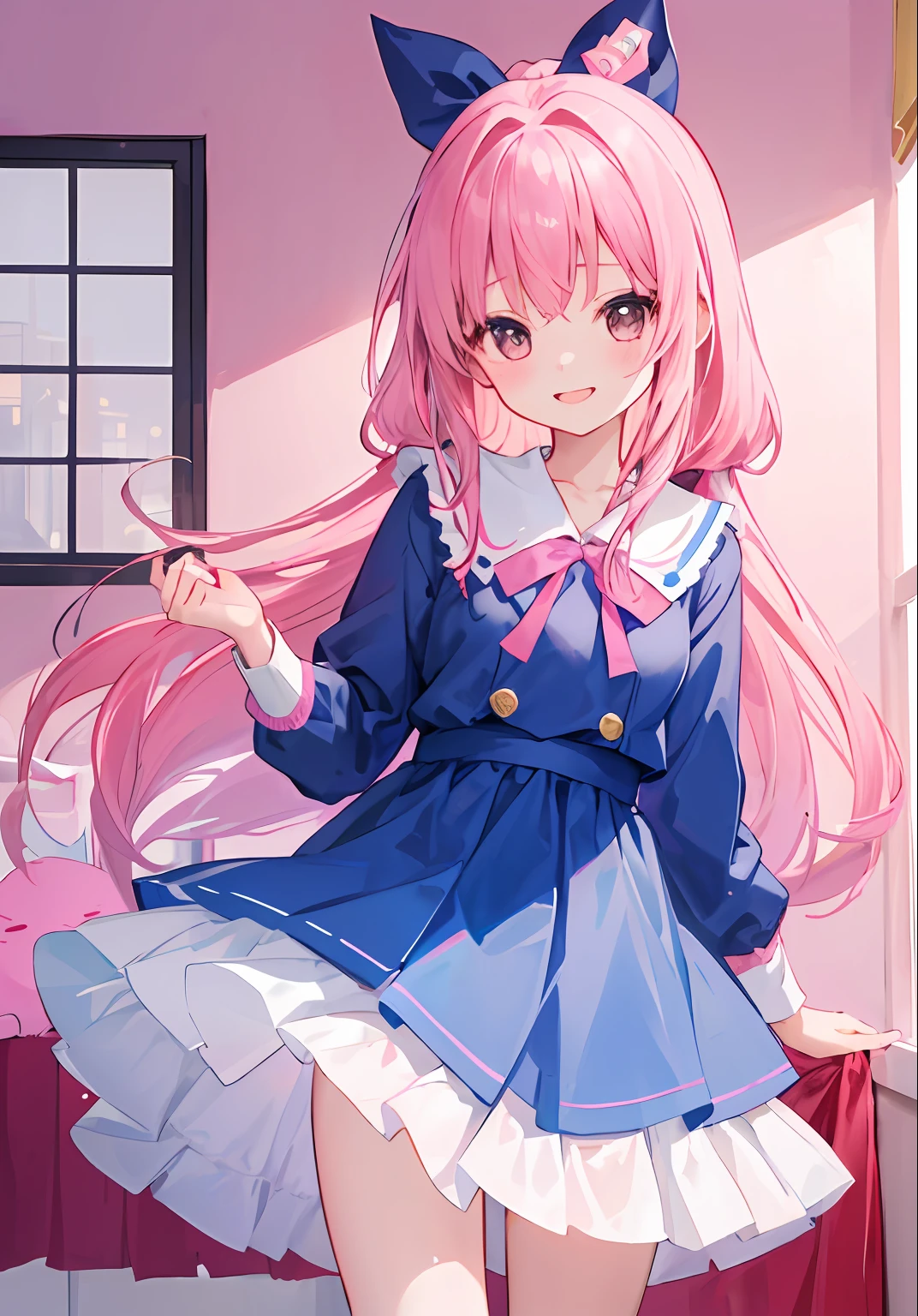 One girl、masterpiece、top-quality、Top image quality、A pink-haired、Long、a junior high school student、Pink ribbon on the head、cute little、Magic School Costumes、Half Up Hair、Cute room background、laugh、sano、Bursting smile、Very energetic、
